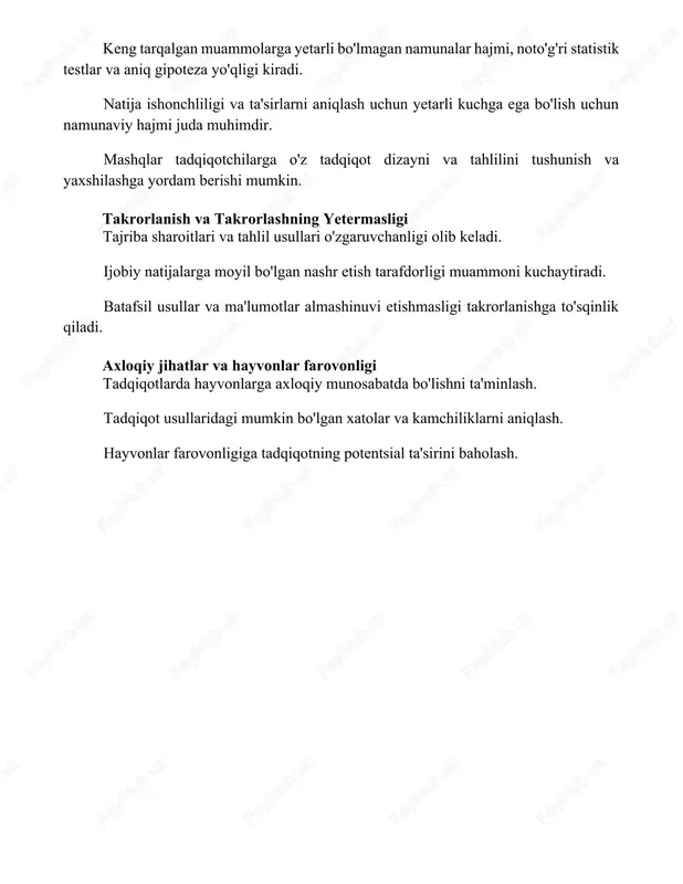 o'zgaruvchanligi olib keladi. ijobiy natijalarga moyil bo'lgan nashr etish tarafdorligi muammoni kuchaytiradi. batafsil usullar va ma'lumotlar almashinuvi etishmasligi takrorlanishga to'sqinlik qiladi. axloqiy jihatlar va hayvonlar farovonligi tadqiqotlarda hayvonlarga axloqiy munosabatda bo'lishni ta'minlash. tadqiqot usullaridagi mumkin bo'lgan xatolar va kamchiliklarni aniqlash. hayvonlar farovonligiga tadqiqotning potentsial ta'sirini baholash. xulosa bu sharhda nashr etilgan biologik tadqiqotlarda muhim muammolar, jumladan, kamchiliqli eksperimental dizayn, yetarli bo'lmagan statistik tahlil va ma'lumotlarni taqdim etishda shaffoflikning yo'qligi ta'kidlangan. ushbu muammolarni hal qilish ilmiy topilmalarni takrorlash va ishonchlilikni ta'minlash uchun juda muhim. foydalanilgan adabiyotlar 1. "ilmiy tadqiqotlarda takrorlanuvchanlik va ko'paytirish" david a. b. lacy va david f. allison (2016) tomonidan. nature reviews genetics, 17(6), 367-371. ushbu maqola ilmiy tadqiqotlarda takrorlanuvchanlik va ko'paytirish tushunchalarini, shu jumladan biologik tadqiqotlarda duch keladigan muayyan qiyinchiliklarni umumlashtirib beradi. 2