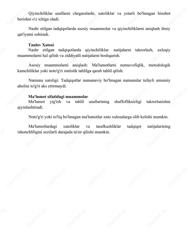 tarafkashliklar tadqiqot natijalarining ishonchliligini sezilarli darajada ta'sir qilishi mumkin. xulosa nashr etilgan tadqiqotlarda muhim muammolarni va qiyinchiliklarni aniqlash va ularni bartaraf etish bilimlarni rivojlantirish uchun muhimdir. bu jarayon ehtiyotkorlik bilan tahlil qilish, tanqidiy baholash va qat'iy tekshirishga sodiqlikni talab qiladi foydalanilgan adabiyotlar 1. **"biznes uchun tadqiqot usullari: ko'nikmalarni rivojlantirishga yo'naltirilgan yondashuv"**, cooper schindler (2014). bu kitob tadqiqot metodologiyasi bo'yicha to'liq qo'llanmani taklif etadi, shu jumladan tadqiqot muammolari va qiyinchiliklarini aniqlash bo'yicha boblarni o'z ichiga oladi. 2