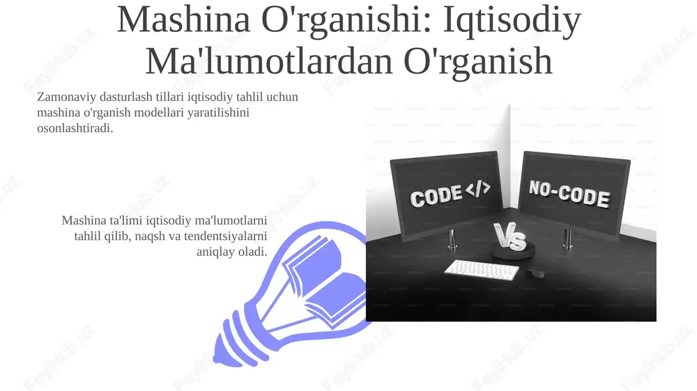 larga samarali yechimlar yaratadi. fintex innovatsiyasi: moliya xizmatlarini buzish fintech innovatsiyalari an'anaviy moliyani texnologiyalarni qo'llab-quvvatlash orqali buzmoqda. fintech maqsadı, moʻljallangan, samarali va inkluziv moliyaviy xizmatlar yaratishdir. algoritmik savdo: investitsiyalarni avtomatlashtirish algoritmik savdo investitsiya natijalarini optimallashtirishga qaratilgan boʻlib, hisoblash quvvatidan foydalanish orqali potentsial daromad keltirish va xavflarni kamaytirishga imkon beradi. zamonaviy dasturlash tillarini qo'llab, bozor ma'lumotlarini tahlil qiladi, naqshlarni aniqlaydi va savdolarni avtomatik ravishda amalga oshiradi. moliyaviy modellashtirish: bozor xulqini bashorat qilish moliyaviy modellashtirish: tarixiy ma'lumotlar va taxminlarga asoslanib kelajakdagi moliyaviy natijalarni bashorat qilish. zamonaviy dasturlash tillari: murakkab moliyaviy hisob-kitoblar va tahlillar uchun python va r kabi vositalardan foydalaning. e'tiboringiz uchun rahmat @taqdimot_robot image4.jpg image5.jpg image6.jpg image7.jpg image8.jpg image9.jpg image10.jpg image11.jpg image12.jpg image13.jpg image14.jpg image15.jpg image16.jpg image17.jpg image18.jpg image19.jpg image20.jpg image1.jpeg image2.jpeg image3.jpeg