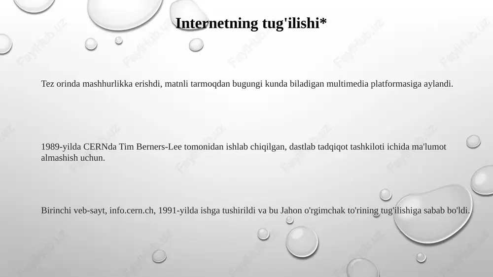 rli shaxslar moliyaviy foyda olish yoki zarar yetkazish maqsadida muhim ma'lumotlarni o'g'irlamoqchi bo'lishadi. xabardorlik va o'qitishning etishmasligi - inson xatosi muhim zaiflik bo'lib qolmoqda, bu o'qitish va xabardorlikni juda muhim qiladi. doimiy ravishda yangi hujum yo'llari paydo bo'ladi, bu esa doimiy moslashuv va xavfsizlik yangilanishlarini talab qiladi. jahon ulanishi geografik to'siqlarni bartaraf etish va turli madaniyatlar o'rtasida tushunish hamda hamkorlikni rivojlantirish. ma'lumot, texnologiya va resurslarga kirish imkoniyatini oshirish, innovatsiyalarni rag'batlantirish va iqtisodiy o'sishga yordam berish. chegaralar bo'ylab odamlar va biznesni bog'lash, muloqot, savdo va madaniy almashinuvni osonlashtirish. e'tiboringiz uchun rahmat @taqdimot_robot image1.png image2.png image3.png