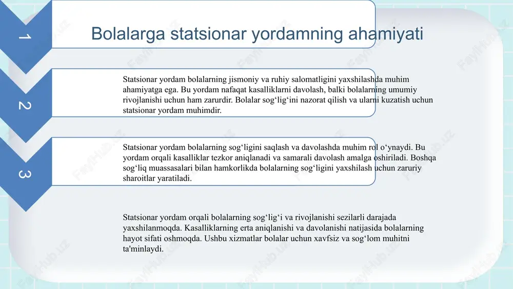 oriy etish bolalarga yordam ko'rsatishda muhim ahamiyatga ega. masalan, telemeditsina va onlayn resurslar orqali tezkor va samarali xizmatlarni taqdim etish mumkin. xalqaro tajribalar bolalarga yordam ko'rsatishda muhimdir. boshqa davlatlarning muvaffaqiyatli strategiyalarini o'rganish, mahalliy sharoitga moslashtirilgan yechimlarni ishlab chiqishda yordam beradi. xulosa bolalarga statsionar yordam sog'liqni yaxshilaydi. uzoq muddatda bolalarning hayot sifatini oshiradi. 255-buyruq doirasida xizmatlar samaradorligi yuqori. foydalanilgan adabiyotlar 1. nurmatov, t. bolalarga ko‘rsatiladigan statsionar yordamning ahamiyati. sog'liqni saqlash va ta'lim, 2022 2. iskandarov, a. 255-buyruq doirasida bolalarga ko‘rsatiladigan xizmatlar. o‘zbekiston sog'liqni saqlash jurnali, 2023 3. qodirov, m. bolalarga yordam ko‘rsatish strategiyalari. o‘zbekiston pedagogika va psixologiya, 2021 4. sirojiddinov, f. statsionar yordamning natijalari va uzoq muddatli ta'siri. tibbiyot va sog'liqni saqlash, 2023 5. tashkent state medical university. bolalarga statsionar yordam ko‘rsatish bo‘yicha ilmiy tadqiqotlar. tsmu nashriyoti, 2022 e'tiboringiz uchun rahmat! image1.png image2.png image3.png image4.png image5.png image6.png image15.png image13.png image12.png image18.png image19.png