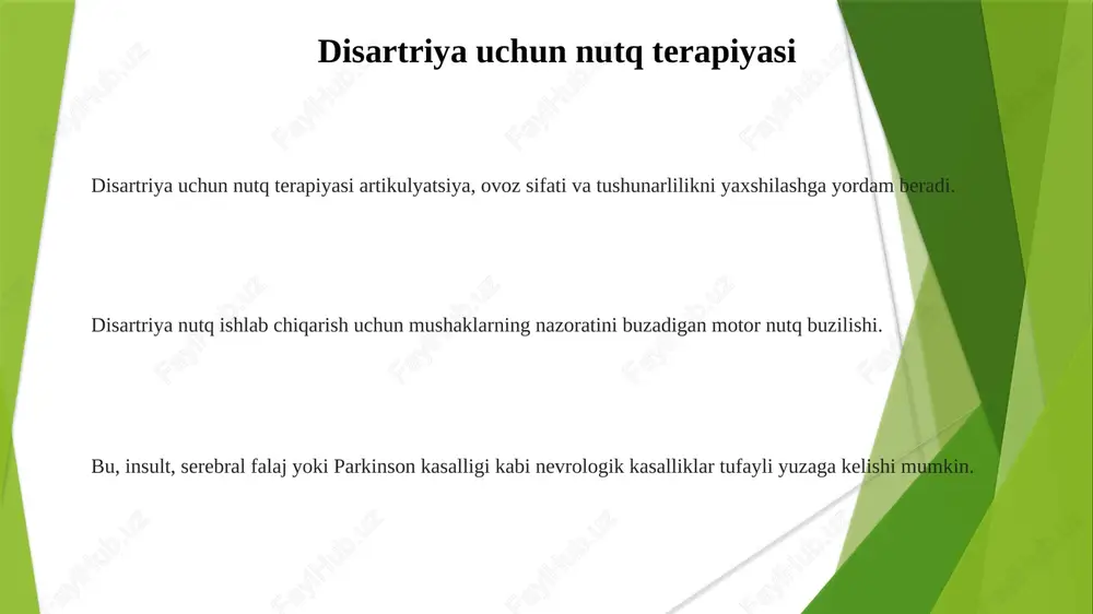 esa ortiqcha harakat talab qiladi. zaiflashgan disartriya: zaif mushaklarning natijasi sifatida nutqni loyqa qilish, nafas olish ovozi va artikulyatsiya bilan bog'liq qiyinchiliklar paydo bo'ladi. e'tiboringiz uchun rahmat @taqdimot_robot