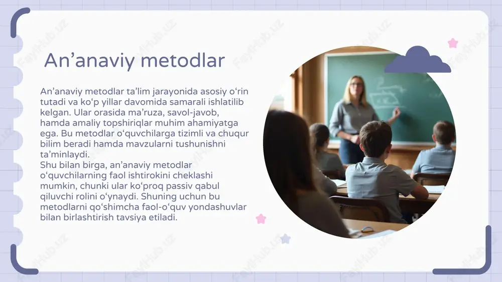 multimedia vositalari yordamida o‘qitish nafaqat qiziqarli, balki zamonaviy ta’lim standartlariga mos keladi. xulosa pedagogik fanlarini o‘qitishda turli metodlardan foydalanish ta’lim sifatini va samaradorligini sezilarli darajada oshiradi. har bir metodning o‘ziga xos afzalliklari va cheklovlari mavjud, shuning uchun ularni vaziyatga qarab puxta tanlash muhimdir. misollar orqali metodlarni to‘g‘ri tanlash va amaliy tatbiq etish o‘quvchilarning bilimlarini mustahkamlashga, ko‘nikmalarini rivojlantirishga xizmat qiladi. bu esa natijada ta’lim jarayonining yanada interaktiv va samarali bo‘lishini ta’minlaydi. etiboringiz uchun raxmat!