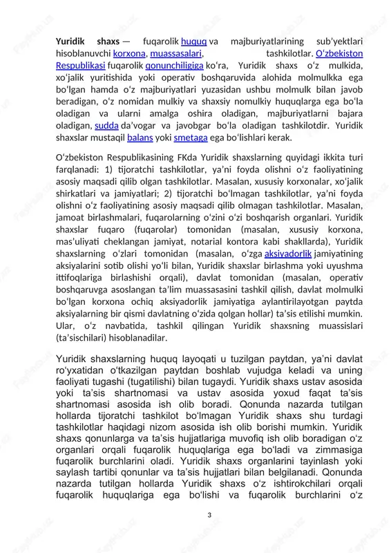 : yuridik shaxs sudda o'z nomidan qatnashish va himoya qilish huquqiga ega. yuridik shaxsning mustaqil mulkiy javobgarligi deganda, yuridik shaxs o'zining majburiyatlari va qarzlari uchun faqat o'ziga tegishli bo'lgan mulk bilan javob berishini anglatadi. yuridik shaxsning mulki, uning ustav kapitali, daromadlari, aktivlari va boshqa mol-mulki, yuridik shaxsning mustaqil mulkiy javobgarlik bazasini tashkil etadi. bu esa yuridik shaxsning mulkiy javobgarligini o'zining huquq va majburiyatlari doirasida mustaqil ravishda amalga oshirishini bildiradi. bu javobgarlik yuridik shaxsning a'zolari yoki hissadorlarining shaxsiy mulki bilan bog'liq emas, balki faqatgina yuridik shaxsning o'ziga tegishli mulk bilan cheklangan. mustaqil mulkiy javobgarlikning asosiy xususiyatlari: 1. mulkka egalik: yuridik shaxs davlat ro'yxatidan o'tgan va qonunchilik asosida o'z mulkiga ega bo'lish huquqiga ega. 2. qarzlar uchun javobgarlik: yuridik shaxs o'z majburiyatlari va qarzlari uchun faqat o'z mulki bilan javob beradi, uning a'zolari yoki hissadorlarining shaxsiy mulki bu javobgarlikka jalb etilmaydi. 3. mulkni boshqarish: yuridik shaxs o'z mulkini mustaqil ravishda boshqaradi va …