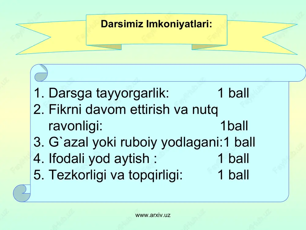 . 3 www.arxiv.uz 1 g` 2 a z 4 n 5 a www.arxiv.uz iv guruh – mushtariy yulduzi boburning onasi chingiz- xon o`g`illaridan qaysining avlodi hisoblanadi? 2. boburning otasi. 3. “boburnoma” qaysi tilga 3 marta tarjima qilingan? 4. bobur samarqandni egallash uchun kimning qo`shini bilan jang qildi? 5. bobur vafot etgan joy nomi. 3 www.arxiv.uz 1 ch i g` a t o y 2 u m a r sh a y x f r a n s u z 4 sh a y b o n i y x o n 5 a g r a www.arxiv.uz v guruh – qutb yulduzi 1. bobur yaratgan yangi yozuv. 2. boburning o`g`il- laridan birining ismi. 3. boburning ibrohim lo`diy bilan jangi qanday nomlanadi? 4. bobur xokini qobulga ko`chirgan nabirasi. 5. boburning aruz vazniga bag`ishlangan 1 www.arxiv.uz o 2 y 3 i 4 sh 5 a www.arxiv.uz v guruh – qutb yulduzi bobur …