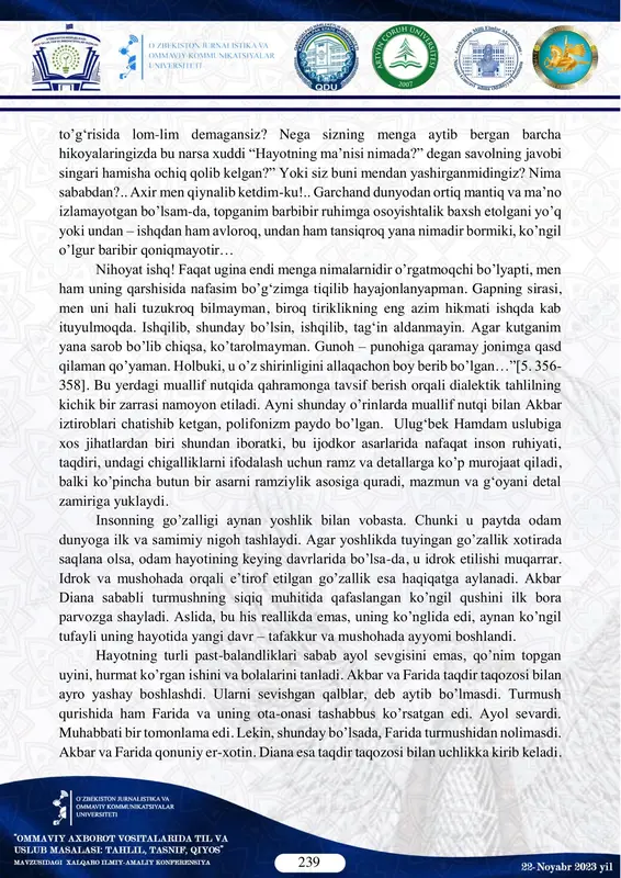 yoza boshladi: “ustoz, sizni sog‘indim… shu choqqacha aytadigan gapim bo’lmagani uchun jim yurgandim. endi u borga o’xshaydi… ishq!.. biroq men nima qilarimni bilmay qoldim… bilaman, muhimi, mening chorasizligim emas, balki ana shunga duch kelganim va hayotimga ma’ni kirganini butun borlig‘im bilan his qilganimdir. ha-ha, ustoz, men, nihoyat, tiriklikning – umarning mazmunini topgandekman! mening istagim, orzuim ham shu emasmidi, aslida?,, garchi bu ishq menga iztirobdan bo’lak hech vaqo va’da etmayotgan esa-da, baxtliman! chunki, ustoz, “dunyoga nega keldim, har kun ertalab uyg‘onmog‘imning eng birinchi sababi nedir?” kabi doimiy savollarim meni ortiq qiynamay qo’ydi. go’yo ular hech qachon bo’lmagandek jimib ketishdi. ustoz, siz nima deysiz? duch kelganim aldamchi tasavvurlar, fitnakor saroblar emasmi? nega siz menga o’z hayot yo’lingizning miridan-sirigacha gapirib berganingiz holda ishq 239 to’g‘risida lom-lim demagansiz? nega sizning menga aytib bergan barcha hikoyalaringizda bu narsa xuddi “hayotning ma’nisi nimada?” degan savolning javobi singari hamisha ochiq qolib kelgan?” yoki siz buni mendan yashirganmidingiz? …