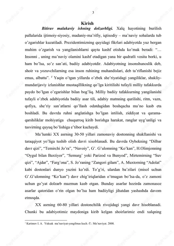 y. eshbekning ”ona turkiston”, m. toirning ”otamning o’kinchi”, ”ogoh bo’l, dunyo”, a.yo’ldoshevning ”qiyshiq poydevor qurbonlari”, faxriyorning ”ayolg’u”, e.shukurning ”naqshband”, k.avazning ”ogahiy” singari turli mavzu va yo’nalishdagi dostonlar dunyo yuzini ko’rdi. bu asarlarda shoirlarimiz, yurtboshimiz o’rinli ta’kidlaganiday: ”xalqimiz qalbini, uning oliy maqsadlari, bugungi hayoti, taqdiri va kelajagini yaqindan biladigan insonlar sifatida” ko’rinadi . xalq dostonchiligi an’analari, jahon poemachiligi va zamonaviy dostonchligimizning eng yaxshi yutuqlari ruhida yozilgan bu dostonlar janrning yangi-yangi ko’rinishlarini vujudga keltirdi. natijada poema janr tipologiyasida mazmun va sifat o’zgarishlari kechdi. adabiyotshunosligimizda lirik va dramatik dostonlar u yoki bu shoir ijodiga munosabat jarayonida o’rganilgan. biroq hozirgacha istiqlol davrida yaratilgan poemalarning tabiatini ochib beruvchi, o’ziga xos xususiyatlarini, badiiyatini, uslubiy imkoniyatlarini ko’rsatib beruvchi yaxlit ilmiy tadqiqot yaratilmagan. shu ehtiyojdan kelib chiqib, istiqlol davrida yozilgan bu dostonlarning o’ziga xos rivojlanish xususiyatlatini, ichki mavzuviy turlarini, badiiyati masalasini o’zaro bog’liqlikda maxsus tadqiq etish bitiruv malakaviy ishning dolzarbligini belgilaydi. mavzuning o’rganilish darajasi. o’zbek adabiyotshunosligida istiqlol davr …