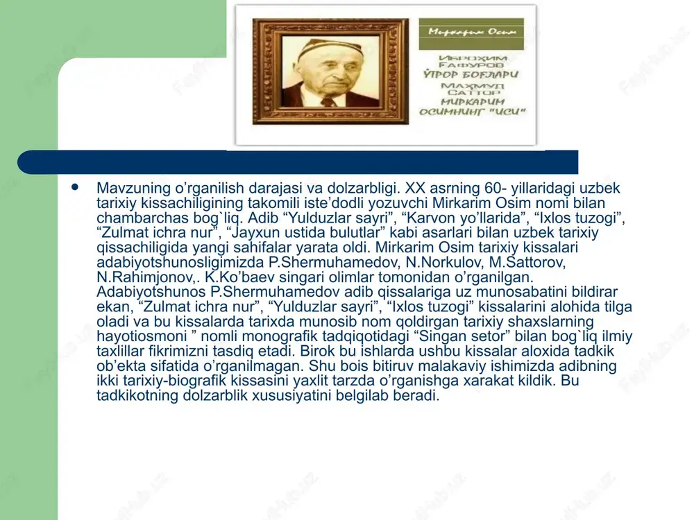 i mirkarim osimning navbatdagi tarixiy-biografik kissasi “ixlos tuzogi ’dar! qissa mashrabning ofoqxo’ja dargoxiga kelishi vokeasi bilan boshlanadi. buni yozuvchi kuyidagicha tasvir etadi: “darvozaxona ichida o’tirgan eski sallali, malla choponli, o’rta yoshli kishi tasbex o’girishdan to’xtab: - ajab darvishsifat, xushsurat yigit ekan, qo’yib yubor,-dedi- nega ani kalaka kilyapsan?.. hoy yigit, bu yoqqa keling, xaltangizda nima bor? - assalomu aleykum,- deda ziyoratchi yigit darvozaxonaga kirib, elkasidan xaltani olarkan,- tavakkal qilib yo’lga chikkan kishi na tolkonu, na kalkon gamin er, rizkini yuldan topar,- u xaltasidan uchta kitob chikardi:- xo’ja hofiz, lutfiy, amir navoiy devonlari. yo’lda dilimga gayrat bagishlayturgon xamroxlarim shular. yuragimga qil sig`may qolganda setorimni ilkimga olib, aning navosiga kulok solurman. 2-bob. m.osimning tarixiy qissachilikdagi badiiy mahorati mirkarim osim o’zbek tarixiy kissachiligini “zulmat ichra nur”, “jayhun ustida bulutlar”, “yulduzlar sayri”, “ixlos tuzogi” singari kator qissalar bilan boyitdi. bu kissalarda tarixda o’chmas iz qoldirgan beruniy, alisher navoiy, mirzo ulugbek, boboraxim mashrab singari tarixiy shaxslarning …
