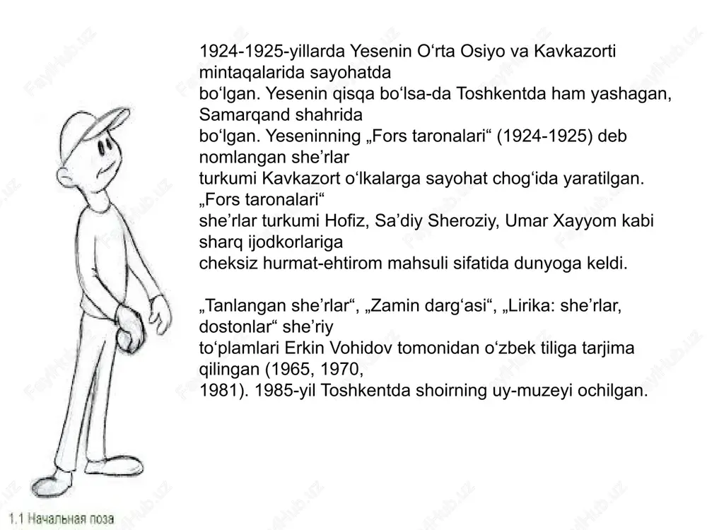 a xuddi o'z o'rtog'imdek (men uni o'qiganimda o'spirin edim-da, qattiq bog'lanib qoldim. ana shu mehr tufayli tarjimaga o'tirdim. uni tarjima qilishga hech kim undagani yo'q. shoir-tarjimon, menga qolsa, boshqa tilni yuzaki o'rganish o'rniga ham o'z ona tilini chuqurroq o'rgansa yaxshi bo'lardi. chunki tarjima san'atida o'z ona tilini butun nozikligi va boyligi bilan bilmaslik ham, boshqa tilni chala bilish ham birday zararlidir. erkin vohidov 6 sergey esenin fors taronalari * * * dog’lar ketmish majruh ko’ngildan, mast vasvasa qo’zg’amas tug’yon. men dardimga tehron gulidan, choyhonada topoldim darmon. choyhonachi – baquvvat, o’ktam. qoyil qolsin rus, deb, choyimga. o’tkir aroq, may o’rniga ham, achchiq-achchiq choy tutar menga. siyla, mezbon, ammo had bilan, bog’ing aro turfa gullar bor. oqshom menga niqob ostidan, dilbar ko’zin suzmadi bekor. rossiyada gulday qizlarni, tutqunlikda saqlamas erlar. sarmast etar bo’sa bizlarni, bexanjaru bamakru bezar. . shahinam, o mening shahinam, bilsang, shimol vatandir,menga. dalalardan so’ylaymi senga, oy nur sepgan boshoqlardan …