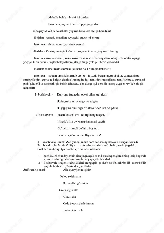orloq bo,lsin alla allayo alla (onasi alla ayta-ayta chiqib ketadi) 1- boshlovchi:- allalar og’ushida jajji qizaloq sochlari jingalak go’zal qiz bo’ldi dadajonisi duo qilgandek temirdek irodali bir yulduz bo’ldi 2- boshlovchi:-1922-yildan 1-sinfga qadam tashladi.o’zi tug’ilgan go’zal maskanning maktabida saboq ola bosh ladi 1-boshlovchi:1931-yilda maktabni tugatdi va yana o’qish maqsadidagi uning orzulari limmo-lim edi. dastlab qizlar bilim yurtida, so’ng til va adabiyot institutning aspiranturasida o’qidi. umrini, hayotini jurnalistika va adabiyotga bag’shladi . 2-boshlovchi:-yoshligidanoq adabiyotga havas qo’ygan, sherlari bilan xalqqa tanila boshlagan, shoira nomini olgan bu iste’dodli qiz o’z umrini, hayot yo’lini 1935-yil 23-iyulida baxt va shodlik kuychisi shoir hamid olimjon bilan bog’ladi . uning sevimli rafiqasiga , vafoli yoriga aylandi . 1-boshlovchi:- xamid olimjonning zulfiyadek sevimli yoriga ushbu dil izshorlari she’rga, sherlari esa qo’shiqqa aylangani bejiz emas (“yoshlik chog’mda “qo’shig’i ijro etiladi). 2-boshlovchi:-sevimli shoiramiz hamid olimjon bilan baxtli edi . unig har bir satri, har bir misralari vafodan , muhabbatdan yaralgan …