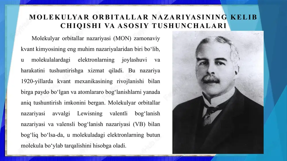xususiyati – u atomlar orasidagi bog‘lanish chiziqlari bo‘ylab joylashgan va s, px kabi orbitallardan hosil bo‘lishi mumkin. sigma orbitallar molekulani barqarorlashtiruvchi bog‘lovchi ta’sir ko‘rsatadi va ko‘pincha birinchi bog‘lanishni tashkil qiladi. pi (π) orbitallar esa py va pz orbitallari yonma-yon chigallanishi natijasida hosil bo‘ladi. pi orbitallar atomlar orasidagi bog‘lanish chiziqlariga perpendikulyar joylashadi va sigma orbitaldan keyingi qo‘shimcha bog‘lanishni ta’minlaydi. pi orbitallar elektron zichligini bog‘lanish chizig‘ining yuqorisi va pastki qismida joylashtiradi, bu esa molekulani yanada barqaror qiladi, lekin sigma orbital singari kuchli bog‘lovchi emas. molekulyar orbitallarni energiya tartibi molekulaning turiga bog‘liq. gomonuklear molekulalar – ya’ni bir xil atomlardan tashkil topgan molekulalarda energiya tartibi atomlar orbitallari chigallanmasidan kelib chiqadi. masalan, h₂ va he₂ kabi molekulalarda s orbitalning bonding σs orbitalidan boshlab antibonding σ*s orbitaligacha energiya tartibi aniqlanadi. p orbitaldagi elektronlar esa sigma (σp) va pi (π) orbitallarda joylashadi. geteronuklear molekulalar – turli atomlardan tashkil topgan molekulalarda, masalan, hf yoki co molekulalarida, atomlarning elektronegativligi …