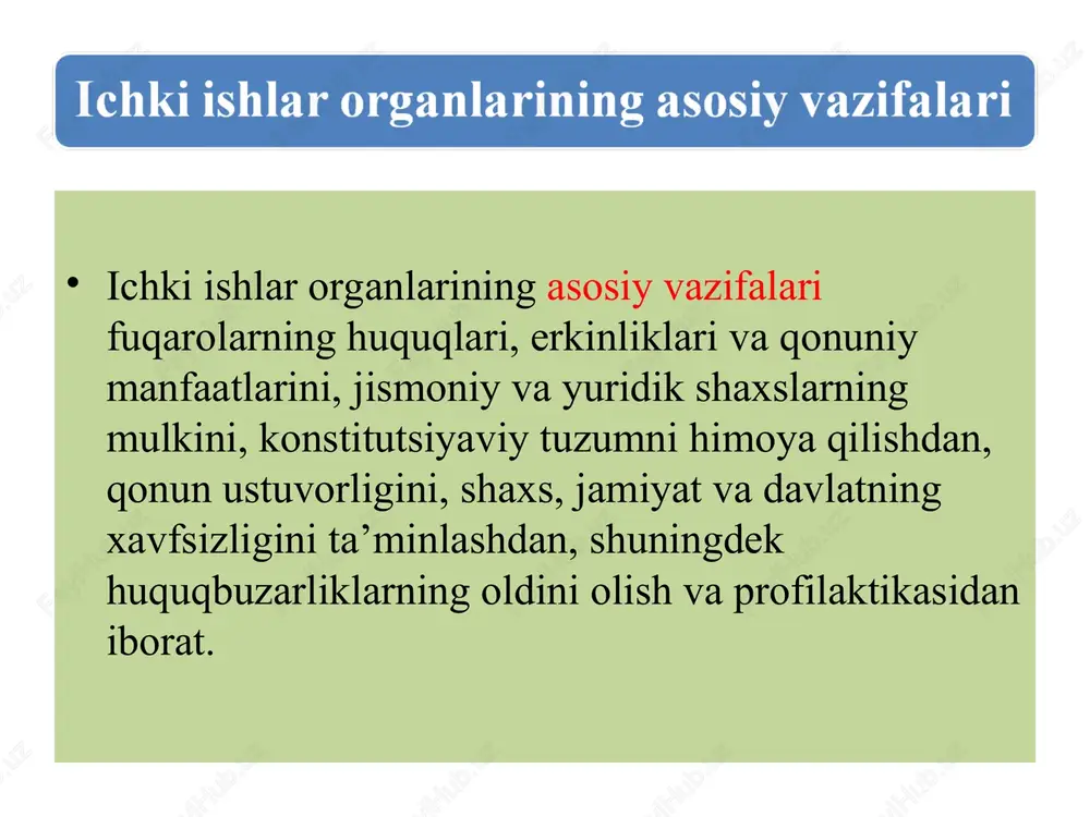 tlarining ishtirokini yanada kengaytirish; fuqarolik jamiyati institutlari faoliyatining ochiqligini taʼminlash. ichki ishlar organlari faoliyatining asosiy prinsiplari: qonuniylik yagonalik fuqarolarning huquqlari erkinliklari va qonuniy manfaatlariga rioya etish hamda ushbu huquqlar erkinliklar va qonuniy manfaatlarni hurmat qilish ochiqlik va shaffoflikdan iborat. ichki ishlar organlarining tizimi o‘zbekiston respublikasi ichki ishlar vazirligi qoraqalpog‘iston respublikasi ichki ishlar vazirligi toshkent shahar va toshkent viloyati ichki ishlar bosh boshqarmalari viloyatlar ichki ishlar boshqarmalari tumanlar va shaharlar ichki ishlar boshqarmalari (bo‘limlari) transportda xavfsizlikni ta’minlash boshqarmalari (bo‘limlari) jazoni ijro etish muassasalari ichki ishlar organlarining o‘ta muhim va toifalangan obyektlardagi bo‘linmalari shaharcha ichki ishlar bo‘linmalari mahalla huquq-tartibot maskanlari hamda ichki ishlar organlarining tayanch punktlari ta’lim va tibbiyot muassasalari ichki ishlar organlari zimmasiga yuklatilgan vazifalarni bajarish uchun tashkil etiladigan boshqa bo‘linmalar rahbariyat bobojonov po‘lat razzaqovich o‘zbekiston respublikasi ichki ishlar vaziri +998 71-231-43-04 info@iiv.uz https://gov.uz/uz/iiv ishonch telefoni:1102 1991 yil 25 oktyabrda o'zbekiston respublikasi vazirlar mahkamasining 270-sonli qarori asosida o'zbekiston ssr iiv – …