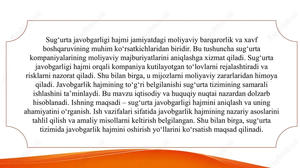rdan o‘tkazish, tajribali mutaxassislar bilan maslahatlashishni yo‘lga qo‘yish. tarif va qoplamalarni hududiy va moliyaviy xususiyatlarni hisobga olgan holda moslashtirish. polislarda javobgarlik hajmi bo‘yicha standart shablonlar yaratish va ichki nazorat tizimini kuchaytirish. polislarda javobgarlik hajmi bo‘yicha huquqiy xatoliklar va shaffoflikning pasayishi kuzatiladi. javobgarlik hajmini belgilash mezonlari murakkab va murakkab moliyaviy hisob-kitoblarni talab qiladi. javobgarlik hajmini belgilash mezonlarini soddalashtirish va aniq moliyaviy model yaratish. tarif va qoplamalar hududiy va moliyaviy farqlarni hisobga olmay belgilanishi mumkin. muammo yechim: nilufar gul metodikasi — raqamli texnologiyalar va tahlil vositalaridan foydalanib, risklarni oldindan aniqlash va boshqarish. sug‘urta javobgarligi hajmi kompaniya va mijozlar uchun murakkab bo‘lib, polislarda noto‘g‘ri belgilanishi riskini oshiradi. mijozlarga polislardagi javobgarlik hajmi haqida tushuntirish berish va shaffoflikni ta’minlash. ichki nazorat tizimini kuchaytirish va auditlarni muntazam o‘tkazish. kutilayotgan zararlarni statistik va tarixiy ma’lumotlar asosida prognoz qilish. javobgarlik hajmi belgilanishi uchun soddalashtirilgan moliyaviy model yaratish. xodimlarni javobgarlik hajmi bo‘yicha malaka oshirish kurslariga jalb qilish. tarif va …