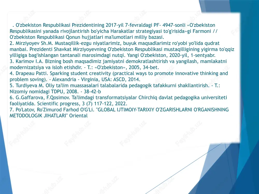 ashga o‘rgatish; muammoni tahlil qilib, yangi yechim topish; innovatsion texnologiyalarni o‘rganish va qo‘llash; mustaqil va erkin fikrlashni rivojlantirish. o‘qituvchining ijodiy yetukligi va uning tarkibiy qismlari o‘qituvchining ijodiy yetukligi quyidagi tarkibiy qismlardan iborat: motivatsion komponent – yangilik yaratishga ichki ishtiyoq; kognitiv komponent – bilim, tajriba, dunyoqarash; emotsional komponent – o‘z ishiga mehr, ijobiy ruhiyat; faoliyatli komponent – amaliyotda ijodiy yondashuv; refleksiv komponent – o‘z faoliyatini tahlil qilish, xatolardan saboq olish. kreativlik aslida oldinda mavjud bo'lgan fikrlarning ustida yangi aloqlarni o'rnatish. oldindan mavjud bo'lgan ikki fikrni, oldindan mavjud bo'lmagan shaklda bir joyga jamlash. ya'ni kreativlik bir fikrni yoki g'oyani ilk marotaba yaratish degani emas. bir nechta fikrlarni o'zaro birlashtirib, yangi bir ma'no kasb etish. xo'sh kreativ shaxs bo'lish uchun nima qilish kerak? kreativ shaxs deganda qanday shaxsni tasavvur qilamiz? fikrimizcha kreativlik, hech qanday istisnolarsiz har bir insonga taqdim qilingan tug'ilishidanoq inom etilgan bir qobiliyat. biroq biz ulg'ayganimiz sari ushbu qobiliyatimizni yo'qotamiz yoki …