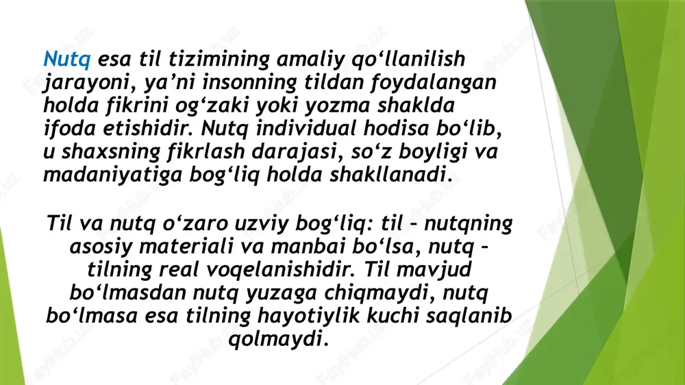 h bilan birga, shu tafakkurning shakllanish vositasi hamdir. nutqning turlari nutq — bu insonning tildagi vositalardan (so‘z, so‘z birikmasi, gap) foydalanib, o‘z fikrini og‘zaki yoki yozma shaklda ifoda etish jarayonidir. nutq tildagi imkoniyatlarning real voqelanishi bo‘lib, u ijtimoiy, psixologik va fiziologik hodisalarni o‘zida mujassam etadi. til tizim sifatida hamma uchun umumiy bo‘lsa, nutq individualdir, ya’ni har bir insonning shaxsiy tajribasi, bilim darajasi, madaniy saviyasi va fikrlash qobiliyatiga bog‘liq. ilmiy adabiyotlarda nutq odatda ikki asosiy turga bo‘linadi: og‘zaki nutq va yozma nutq. 1. og‘zaki nutq og‘zaki nutq — bu tildan foydalanib, tovush yordamida fikrni ifoda etish shaklidir. u jonli muloqot jarayonida yuzaga keladi va so‘zlovchi bilan tinglovchi o‘rtasidagi bevosita aloqaga tayanadi. og‘zaki nutqning xususiyatlari: tovush, ohang, pauza, mimika va imo-ishoralar yordamida boyitiladi; asosan tabiiy, tez va erkin shaklda kechadi; muloqot sharoitiga qarab tildagi grammatik me’yorlardan biroz chetga chiqish mumkin; suhbatdoshning holatiga, kayfiyatiga va vaziyatga bog‘liq bo‘ladi. og‘zaki nutqning turlari: suhbat, ma’ruza, …