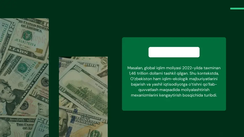 lan tanishlikni oshirish, mos normativ huquqiy bazani mustahkamlash muhimdir. masalan, yurtdosh investorlarga, banklarga yashil kreditlar berdirish va ularni “yashil” deb sertifikatlash tartibini joriy qilish. xitoy tajribasida ham moliyalashtirish instrumentlari va standartlayn bozor infratuzilmasi rivojlangan. greenfdc.org+1 o‘zbekistonda esa — moliyaviy tizim ichida yashil moliyalashtirishni qo‘llab-quvvatlovchi banklar va moliyaviy vositalar markazini yaratish lozim. shu bilan birga, xususiy sektorga motivatsiya yaratish, investitsiya uchun soliq imtiyozlari, davlat kafolatlari va jamoat-xususiy sheriklik shakllarini kengaytirish mumkin. masalan, o‘zbekistonda 2023-yilda yashil obligatsiya bo‘yicha hisobot tayyorlangan. mf api bundan kelib chiqib, yaqinda bu instrumentlar ko‘payishi kutilmoqda. shu bilan birga, bozorda transparensiya va sertifikatlash tizimi (masalan, ikkinchi fikr (second-party opinion), sertifikatlash) xitoy tajribasida 2024-yilda bondlarning 61 % ga yaqinida ikkinchi fikr mavjudligi bilan kuchaygan. climate bonds+1 o‘zbekistonda ham shu yo‘nalishda ishlash lozim — ishonchni oshirish orqali investorlarni jalb qilish mumkin. shuningdek, mamlakat moliyaviy bozorini mustahkamlash, kredit va obligatsiya bozorlarida likvidlikni oshirish ham muhim. shu bois, o‘zbekistonda moliyaviy bozor ishtirokchilari …