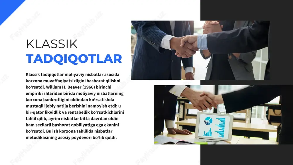 acha ko‘rsatkichlari va hamkor kompaniyalar bilan solishtirish (benchmarking) orqali olib borish tavsiya etiladi. moliyaviy tahlil bilan bir qatorda, operatsion ko‘rsatkichlar (masalan, mahsulotlarning bozor ulushi, buyurtmalar zanjiri sifati, daringiz rentabelligi), menejment sifatiga oid indikatorlar, kreditlar va majburiyatlar strukturasi, shuningdek tashqi makroiqtisodiy omillar (foiz stavkalari, valyuta kursi, talabning pasayishi, yetkazib beruvchilarning moliyaviy ahvoli) ham bankrotlik xavfini belgilashda muhimdir. 20 22 so‘nggi yillarda global darajada foiz stavkalarining o‘sishi va ta’minot zanjiridagi uzilishlar sababli korxona insolvensiyalari ko‘plab mamlakatlarda oshgan — bunga misol tariqasida 2023–2024 yillardagi global korporativ insolvensiya o‘sish tendensiyalari keltirilishi mumkin. xalqaro sug‘urta va iqtisodiy tadqiqot tashkilotlari 2023–2024 yillarda biznes insolvensiyalarining sezilarli darajada oshganini qayd etdilar, bu esa yuqori foiz stavkalari, xarajatlarning ko‘payishi va pasaygan talab bilan bog‘liq. nochorklikni erta aniqlash uchun amaliy protseduralar: (1) muntazam moliyaviy monitoring — oyma-oylik yoki kvartal hisoblar asosida; (2) z-score yoki o‘xshash probabilistik modelni joriy etish; (3) stress-testlar va senariy tahlillari: 10–20% savdo pasayishi, foiz stavkasining 200–300 …