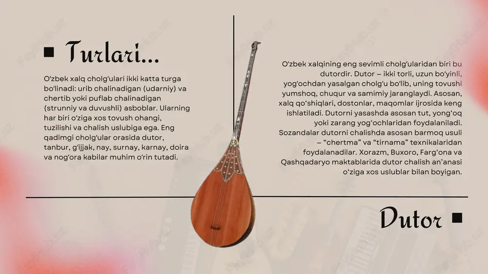da g‘oyatda mashhur cholg‘ulardan biri bo‘lib, uning turli mintaqaviy shakllari mavjud: farg‘ona rubobi, buxoro rubobi, xorazm rubobi. rubobning tovushi iliq, yurakka yaqin, kuychan ohanglar bilan ajralib turadi. u yakkanavoz, ansambl va orkestr ijrolarida keng qo‘llanadi. sato sato esa maqom musiqasida o‘ta muhim cholg‘u hisoblanadi. u uzun boʻyinli, ko‘p torli cholg‘u bo‘lib, unda tanburga o‘xshash tarzda kuy ijro etiladi. sato tovushining chuqurligi va jozibasi uni boshqa cholg‘ulardan ajratib turadi. shashmaqom asarlarining eng muhim qismi aynan sato jo‘rligida ijro etiladi. rahmat!