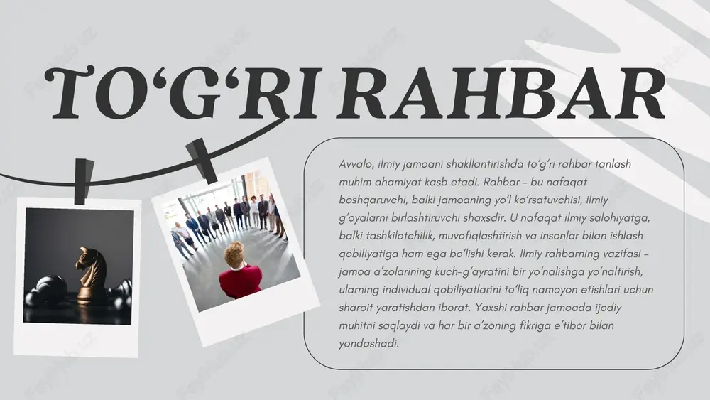 r va onlayn vebinarlar jamoaning malakasini oshirish va ilmiy aloqalarni kengaytirishda muhim ahamiyatga ega. shu bilan birga, xalqaro ilmiy hamkorlikni yo‘lga qo‘yish, xorijiy mutaxassislar bilan tajriba almashish ham jamoaning ilmiy salohiyatini oshiradi. innovatsion fikrlash ilmiy jamoa ishini tashkil etishda muhim jihatlardan yana biri — tadqiqot jarayonini rejalashtirish va nazorat qilishdir. har bir loyiha uchun aniq maqsad, bosqich, muddat va natijalar belgilanadi. reja asosida resurslar — vaqt, mablag‘, texnika va materiallar taqsimlanadi. bu tizimli yondashuv ish jarayonini izchil va natijador qiladi. shuningdek, risklarni oldindan aniqlash va ularni kamaytirish strategiyasini ishlab chiqish jamoaning samaradorligini ta’minlaydi. tadqiqot jarayoni xulosa xulosa qilib aytganda, ilmiy jamoada ishni to‘g‘ri tashkil etish — bu faqatgina boshqaruv masalasi emas, balki ilmiy madaniyatni shakllantirish jarayonidir. yaxshi tashkil etilgan jamoa nafaqat bir loyihani muvaffaqiyatli yakunlaydi, balki yangi g‘oyalar, kashfiyotlar va ilmiy yutuqlar uchun zamin yaratadi. shu bois, har bir ilmiy rahbar jamoa a’zolari o‘rtasida hamkorlik, o‘zaro hurmat va mas’uliyat muhitini …