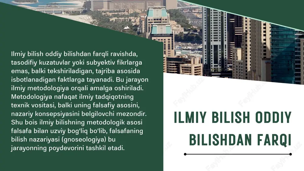 i. shu tarzda nyuton mexanikasi yoki eynshteynning nisbiylik nazariyasi kabi ilmiy yutuqlar vujudga kelgan. metod- lar zamonaviy ilmiy bilishda metodlar ko‘plab turlarga bo‘linadi: empirik (tajriba, kuzatuv, o‘lchov, tasniflash) va nazariy (abstraksiya, tahlil-sintez, modellash, induksiya, deduksiya, analogiya) metodlari. empirik metodlar hodisalarni bevosita o‘rganish imkonini bersa, nazariy metodlar ularni umumlashtirish va tushuntirishga xizmat qiladi. masalan, biologiyada tajribaviy usullar orqali hujayra tuzilmasi o‘rganilsa, nazariy metodlar yordamida genetik qonuniyatlar aniqlanadi. rahmat!