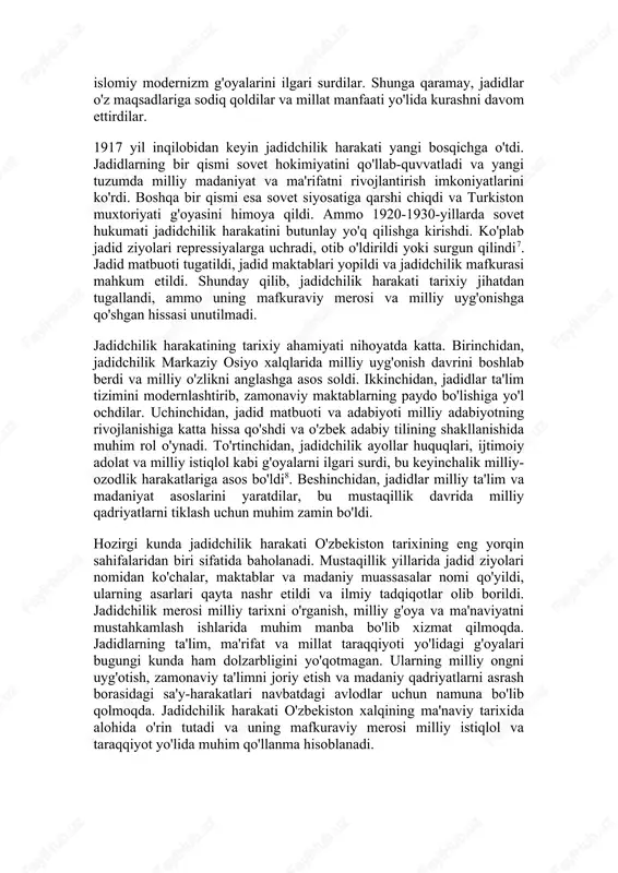lar, bu o'sha davr uchun juda ilg'or qadam edi. shuningdek, jadidlar ijtimoiy adolat, tenglik va diniy dogmatizmdan xoli zamonaviy islom talqinini ilgari surdilar. biroq jadidchilik harakati o'z yo'lida jiddiy qiyinchiliklarga duch keldi. birinchidan, qadimparast ulamolar va eski maktab tarafdorlari jadidlarni bid'atchi va dindan chiqqan deb e'lon qildilar. ular usuli jadid maktablariga qarshi fatvolar berdilar va xalqni jadidlarga qarshi qo'zg'atdilar6. ikkinchidan, rossiya hukumati ham jadidchilik harakatini xavfli deb hisobladi va uni cheklashga harakat qildi. jadid gazetalari taqiqlandi, jadid ziyolari ta'qib qilindi va ko'plab jadid maktablari yopildi. uchinchidan, jadidchilik harakati ichida ham mafkuraviy farqlar mavjud edi: ba'zilar liberalizm, boshqalari turonshunoslik, yana boshqalari esa islomiy modernizm g'oyalarini ilgari surdilar. shunga qaramay, jadidlar o'z maqsadlariga sodiq qoldilar va millat manfaati yo'lida kurashni davom ettirdilar. 1917 yil inqilobidan keyin jadidchilik harakati yangi bosqichga o'tdi. jadidlarning bir qismi sovet hokimiyatini qo'llab-quvvatladi va yangi tuzumda milliy madaniyat va ma'rifatni rivojlantirish imkoniyatlarini ko'rdi. boshqa bir qismi esa sovet …