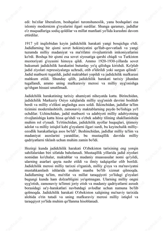 ar, bu o'sha davr uchun juda ilg'or qadam edi. shuningdek, jadidlar ijtimoiy adolat, tenglik va diniy dogmatizmdan xoli zamonaviy islom talqinini ilgari surdilar. biroq jadidchilik harakati o'z yo'lida jiddiy qiyinchiliklarga duch keldi. birinchidan, qadimparast ulamolar va eski maktab tarafdorlari jadidlarni bid'atchi va dindan chiqqan deb e'lon qildilar. ular usuli jadid maktablariga qarshi fatvolar berdilar va xalqni jadidlarga qarshi qo'zg'atdilar6. ikkinchidan, rossiya hukumati ham jadidchilik harakatini xavfli deb hisobladi va uni cheklashga harakat qildi. jadid gazetalari taqiqlandi, jadid ziyolari ta'qib qilindi va ko'plab jadid maktablari yopildi. uchinchidan, jadidchilik harakati ichida ham mafkuraviy farqlar mavjud edi: ba'zilar liberalizm, boshqalari turonshunoslik, yana boshqalari esa islomiy modernizm g'oyalarini ilgari surdilar. shunga qaramay, jadidlar o'z maqsadlariga sodiq qoldilar va millat manfaati yo'lida kurashni davom ettirdilar. 1917 yil inqilobidan keyin jadidchilik harakati yangi bosqichga o'tdi. jadidlarning bir qismi sovet hokimiyatini qo'llab-quvvatladi va yangi tuzumda milliy madaniyat va ma'rifatni rivojlantirish imkoniyatlarini ko'rdi. boshqa bir qismi esa sovet …