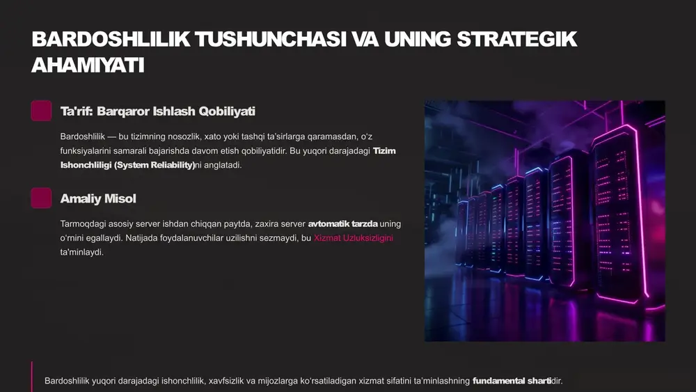 ilikni oshirishning amaliy mexanizmlari redundansni joriy etish orqali tizimning uzluksiz ishlashini ta'minlash usullari. avtomatik zaxira almashinuvi (failover) asosiy tizim ishdan chiqqan zahoti, zaxira tizim inson aralashuvisiz darhol ishga tushadi. bu klasterli tizimlarning muhim xususiyatidir. real vaqtda replikatsiya ma'lumotlar bazalarini bir vaqtning o'zida bir nechta (primary va secondary) serverlarda sinxron saqlash. bu ma'lumot yo'qotish xavfini nolga yaqinlashtiradi. zaxira quvvat tizimlari elektr uzilishida ups (uzluksiz quvvat manbai) va dizel generatorlari yordamida asosiy serverlar va tarmoq uskunalarini ish holatida saqlash. 8 bulutli redundans: yangi yechimlar global zaxiralash imkoniyatlari bulut platformalari (aws, azure, google cloud) bir necha geografik zonalar bo'yicha avtomatik replikatsiya va redundansni taklif etadi. servislarni turli mintaqalarda joylashtirish (cross-region failover). hajmga qarab avtomatik masshtablash (autoscaling) redundansni kuchaytiradi. boshqaruvning oddiyligi va yuqori samaradorlik. afzalliklar yuqori bardoshlilik qayta tiklash tezligi (rto) xarajat samardorligi 9 xulosa va manbalar nosozliklar har qanday tizimda muqarrar, biroq redundans yechimlar ularning ta’sirini minimal darajaga tushiradi va uzluksiz, xavfsiz faoliyatni …