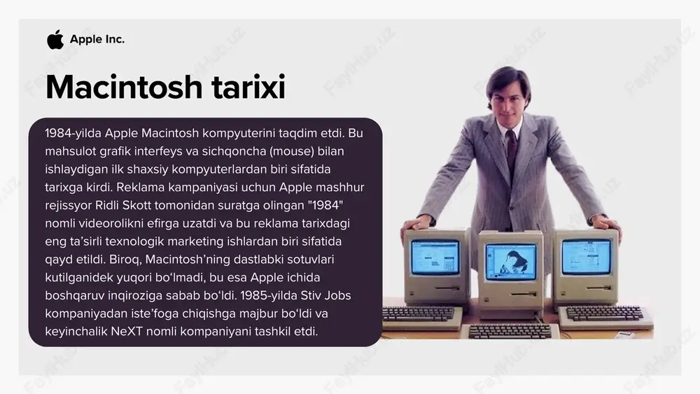 2022 — iphone se (3rd gen), iphone 14, iphone 14 plus, iphone 14 pro, iphone 14 pro max 2023 — iphone 15, iphone 15 plus, iphone 15 pro, iphone 15 pro max 2024 — iphone 16, iphone 16 plus, iphone 16 pro, iphone 16 pro max 2025 — iphone 17, iphone 17 plus, iphone 17 pro, iphone 17 pro max bugungi kunda apple dunyodagi eng qadri baland korporatsiyalardan biridir. 2018-yilda u 1 trillion dollarlik bozor qiymatiga yetgan ilk kompaniya bo‘ldi, 2020- yilda esa 2 trillion dollarlik qiymatga chiqdi. 2023-yil iyun oyida kompaniya qiymati 3 trillion dollardan oshdi. bu ko‘rsatkich boshqa barcha texnologik kompaniyalar tarixida rekord bo‘ldi. 2022-yilda apple daromadi 394,3 milliard dollarni tashkil etdi, sof foyda esa 99,8 milliard dollar bo‘ldi. apple inc. rahmat! apple inc.