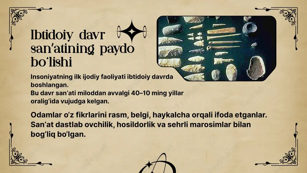 alar bilan baham ko‘rish istagini namoyon etgan edi. xulosa ibtidoiy sanʼat — bu insoniyatning madaniy uyg‘onishining boshlanishi. bu sanʼat orqali odamzod o‘z fikrini, qo‘rquvini, orzusini rasm va shakl orqali ifoda etgan. demak, har bir zamonaviy rassomning ildizi ham ana shu qadimiy devor rasmlariga borib taqaladi. rahmat!
