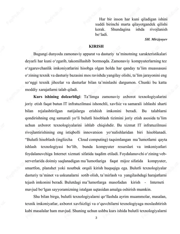 tformalardan (masalan, google cloud, microsoft onedrive, moodle va boshqalar) qanday foydalanish, taʼlimni tashkil etish va boshqarishda ular qanday yordam berishi mumkinligini tahlil qilishni oʻz ichiga oladi. kurs ishining obyekti: bulutli texnologiyalar yordamida oʻquv jarayonini tashkil etish va boshqarish jarayonidir. bu, oʻquvchilar va oʻqituvchilar oʻrtasidagi interaktiv aloqalar, onlayn resurslar, maʼlumotlarni saqlash va ulardan foydalanish imkoniyatlarini oʻz ichiga oladi. bulutli texnologiyalar taʼlimda qanday qoʻllanilayotganini, ular yordamida oʻquvchilarni qanday rivojlantirish va ularning oʼqish jarayonini qanday yaxshilash mumkinligini oʻrganishdir. kurs ishining tarkibi: ushbu kurs ishida 2 ta bob, 4 ta qism, xulosa va foydalanilgan adabiyotlardan iborat. i. bob bulutli texnologiyalarni tashkil etish i.1 bulut texnologiyasining yaratilishi va modellari. “bulutli texnologiyalar” tushunchasi (inglizcha “cloud computing”)ingliz va rus man'balarda keng ishlatiladi. o‘zbek tilida bu termin tarjimasidan muallif foydalangan. t.n. nishonboyevning “servisga yo‘naltirilgan arhitektura” monografiyasida ham ushbu termin ko‘p ishlatilgan. bugungi kunda biz bulutli hisoblash (cloud computing) deb ataydigan hisoblash tarmog‘i jadallik bilan rivojlanmoqda. axborot texnologiyalari sohasidagi …