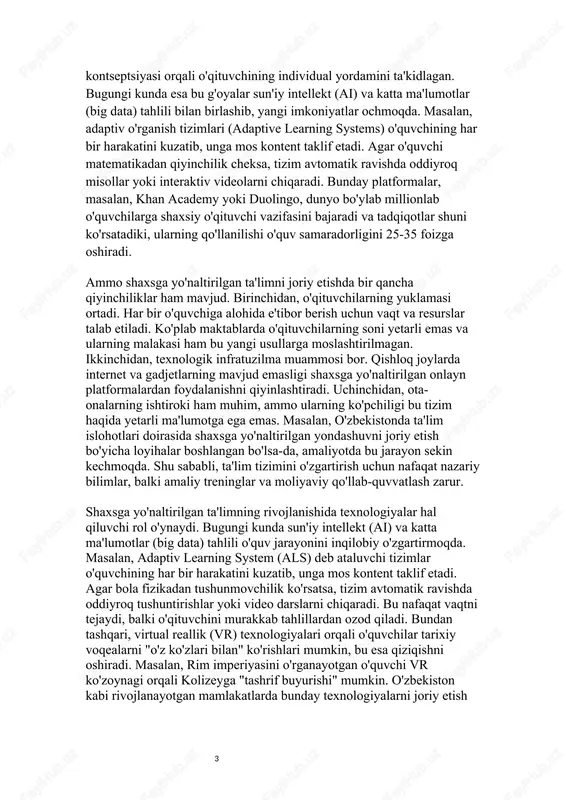 ez rivojlanishi ta'limning an'anaviy modellari oldida yangi muammolar qo'ymoqda: qanday qilib har bir o'quvchining shaxsiy potentsialini ochish mumkin? bu savolga javob shaxsga yo'naltirilgan ta'lim – ya'ni har bir o'quvchiga alohida yondashuv tamoyilida yotadi. bu yondashuv o'quv jarayonini standartlashtirishdan voz kechib, o'quvchining qiziqishlari, o'rganish sur'ati, kognitiv va emotsional xususiyatlarini hisobga olgan holda moslashtirishga asoslanadi. natijada, ta'lim nafaqat bilim uzatish vositasiga, balki shaxsiy rivojlanish platformasiga aylanadi. o'zbekiston kabi rivojlanayotgan mamlakatlarda bu tamoyil ayniqsa dolzarb, chunki "o'zbekiston-2030" strategiyasi ta'limni raqamlashtirish va individualizatsiyani ustuvor yo'nalish sifatida belgilagan. shaxsga yo'naltirilgan ta'limning nazariy ildizlari pedagogikaning klassik asarlariga borib taqaladi. xix asr oxirida jon dyui o'quv jarayonini bolaning hayotiy tajribasi va shaxsiy ehtiyojlari bilan bog'lashni taklif qilgan bo'lsa, xx asrda lev vygotskiy "proximal rivojlanish zonasi" kontseptsiyasi orqali o'qituvchining individual yordamini ta'kidlagan. bugungi kunda esa bu g'oyalar sun'iy intellekt (ai) va katta ma'lumotlar (big data) tahlili bilan birlashib, yangi imkoniyatlar ochmoqda. masalan, adaptiv o'rganish tizimlari (adaptive learning systems) …