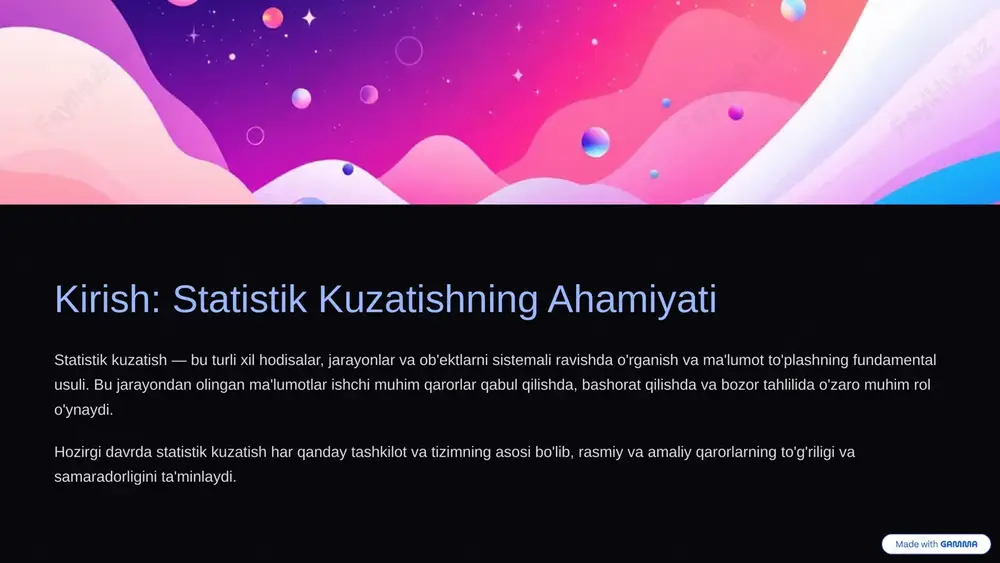 va xarajat talab qiladi. 9 ma'lumotlarni qayta ishlash va tahlil qilish ma'lumotlar to'plangandan so'ng, ularni qayta ishlash va tahlil qilish bosqichi boshlangiyadi. bu bosqichda ma'lumotlar yangi shaklga keltiriladi, tashlanadi, kiritiladi va tasniflanadi. keyin tahlil va xulosalar ishlab chiqiladi. 01 ma'lumotlarni tekshirish yig'ilgan ma'lumotlarning to'liqligini va aniqligi tekshirish. 02 ma'lumotlarni tozalash xatolar va nomuvofiq ma'lumotlarni tashlab yuborish yoki tuzatish. 03 ma'lumotlarni kiritish qog'ozdagi yoki og'zaki ma'lumotlarni raqamli shaklga o'tkazish. 04 tahlil va tafsir jadval, grafik va formulalar yordamida ma'lumotlarni tahlil qilish. 05 xulosalar chiqarish tahlil natijalari asosida dastlabki gipotezalarni tasdiqlash yoki rad qilish. 10 xulosa va asosiy tavsiyalar statistik kuzatish — bu rivojlangan jamiyatning asosi bo'lib, turli sohalar uchun ahamiyatli ma'lumotlarni ta'minlaydi. sog'lom statistik tizim tuzish uchun barcha bosqichlar diqqat bilan bajarilishi va kelishuv sa'y qo'linishi kerak. sifatni yo'lga qo'yish har bir bosqichda ma'lumot sifatini ta'minlash uchun bilanoq kuzatuv va nazora o'tkazish. kadrlar tayyorlash kuzatish kadrlarini to'liq o'qitish va ularning professional …
