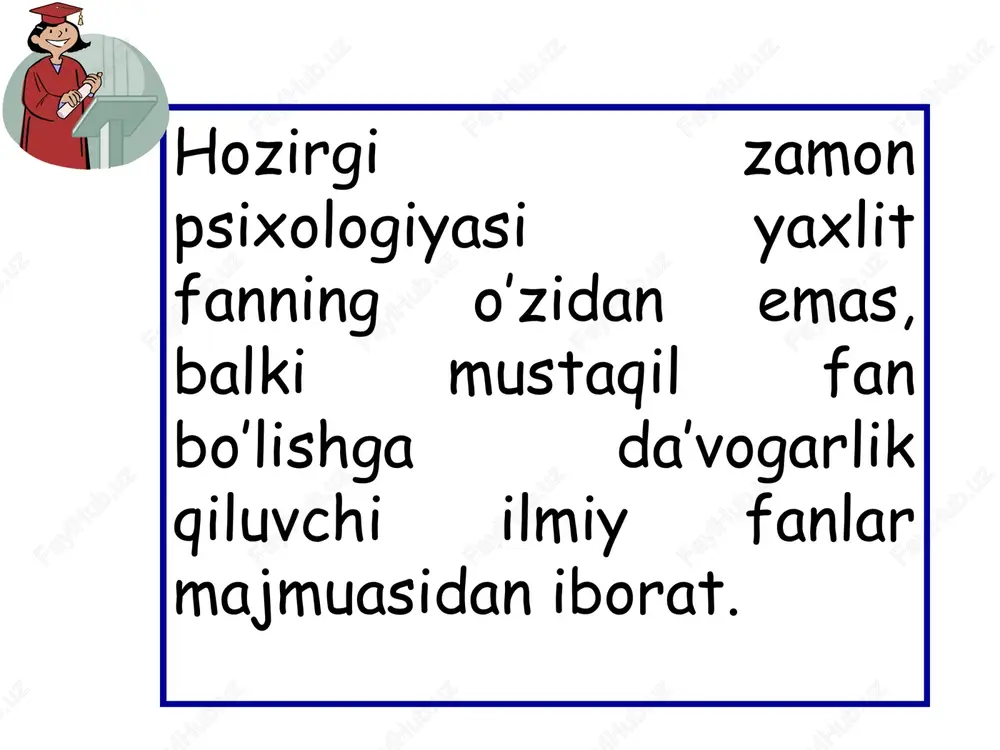 mamlakatlarda psixologik-pedagogik xizmatlar paydo bo'ldi. 2. tibbiyot sohasida psixologik yordam. psixologiya fanida ilmiy tadqiqotlarning integrasiyalashuvi va differensiasiyalash jarayonlari ro’y beradi. xususan, psixologiyaning jadal rivojlanishi uning differentsiatsiyasiga – psixologiya fanlari qator sohalarining, shu jumladan, psixologiyani boshqa fanlar bilan bog’lovchi fanlararo sohalarning yuzaga kelishiga olib keldi. xix asrning ikkinchi yarmidan boshlab, psixik jarayonlarning asosi bo’lgan fiziologiya mexanizmlarini o’rganuvchi psixofiziologiya shakllandi. xviii-xix asrlarda boshlangan hayvonlar psixik faolligini o’rganish bo’yicha tadqiqotlar ekologiya, etologiya va boshqa fanlar bilan uzviy bog’langan zoopsixologiyani yuzaga keltirdi. psixologiyaning alohida sohasi bo’lib psixogigiyena, psixoterapiya va tibbiyot deontologiyasi masalalarini, patopsixologiya (qabul qilish, xotira, tafakkur va boshqalar kabi psixik jarayonlarning izdan chiqish qonuniyatlarini tadqiq etuvchi), neyropsixologiya (psixik jarayonlarning bosh miya ma’lum tuzilmalari bilan aloqasini o’rganuvchi) va psixokorreksiyani o’rganuvchi tibbiyot psixologiyasi hisoblanadi. tibbiy psixologiya shifokor faoliyati va bemorning xulq-atvorining psixologik jihatlarini o'rganadi. u kasalliklarning ruhiy ko'rinishlarini, ularning paydo bo'lishida, kechishida, davolashda, shuningdek, inson salomatligini mustahkamlashda psixikaning rolini o'rganadi. psixologiyaning tibbiyot uchun ahamiyati uzoq …