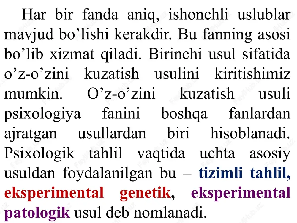 arifmetik qiymatni topish uchun qo`llaniladi; m – yig`indi, v – variatsion miqdor, h – sinaluvchilar soni 2) 01 =  s h son qatoridagi o`rta kvadrat og`ishini hisoblashda yoki standart og`ishni hisoblashda ishlatiladi. 01 – kvadratlik og`ish, s – dispersiya, h – miqdor. 3) s =  (v–m)2 – sonlar qatoridagi miqdorlar tarqoqligini aniqlash formulasi. ikkinchi guruh metodlar – natijalarni qayta ishlashga mo`ljallangan bo`lib, ular statistik (miqdoriy) va psixologik (sifat) tahlili turlariga bo`linadi. to`plangan ma'lumotlarni qayta ishlab chiqishda quyidagi formulalardan foydalanish mumkin: uchinchi guruh–empirik metodlarga kuzatish (o`z-o`zini kuzatish), eksperiment (tabiiy va laboratoriya eksperimenti), test, anketa, so`rovlar, sotsiometriya, suhbat, intervyu, faoliyat jarayoni va uning mahsulini tadqiq qilish, tarjimai hol (shaxsiy guvohnomalarni, hujjat, turmush faoliyati voqealarini tahlil qilish) kabilar kiradi va ular sinash, tekshirish, diagnostika va prognozlash vazifalarini bajaradi. psixologiyada eng ko`p qo`llaniladigan tadqiqot metodlari empirik metodlar guruhidir. empirik (amaliy ) metodlar guruhiga kuzatish test eksperiment (tajriba) suhbat biografiya sotsiometriya kuzatish metodi …