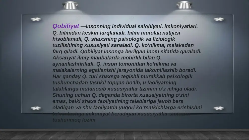 9 yo’qori 6,7 110 - 119 yaxshi 16,1 90 - 109 o`rta 50,0 80 - 89 past 16,1 70 - 79 chegara ko`rsatgichi 6,7 69 va past qobiliyatlarning tabiiy shartlari har bir kishida tug`ma layoqat nishonalari, ya`ni miyaning oliy nerv faoliyatining analizatorlarining o`ziga xos xususiyatlari bor bo`ladi, binobarin, kelgusida biror qobiliyatni rivojlantirishga bo`lgan muayyan moyillik ana shunga bog`liqdir. tabiiy anatomik-fiziologik layoqat nishonalari qobiliyatlarning fiziologik asosini tashkil etadi. keyinchalik qobiliyatga aylanadigan layoqat nishonalarining majmui kishining iste`dodi deyiladi. lekin bu tabiiy layoqat nishonalari muvaffaqiyatli faoliyatning to`la-to`kis shart-sharoiti bo`la olmaydi. layoqat nishonalarini rivojlantirish kerak, bu esa faoliyat jarayondagina ruy berishi mumkin. layoqat nishonalari ko`p qiymatlidir, yana tegishli sharoitlar mavjud bo`lganda, faoliyatga qarab layoqat nishonalari asosida turli qobiliyatlar rivojlanishi mumkin foydalanilgan adabiyotlar 1.g`oziev e. oliy maktab psixologiyasi. t. 1997 2.g`oziev e. psixologiya. t. 1994. 3.gamezo m. v., domashenko i. a. atlas po psixologii. - m.,1986 4.gippenreyter yu. b. vvedenie v obshuyu psixologiyu. kurs leksiy. …