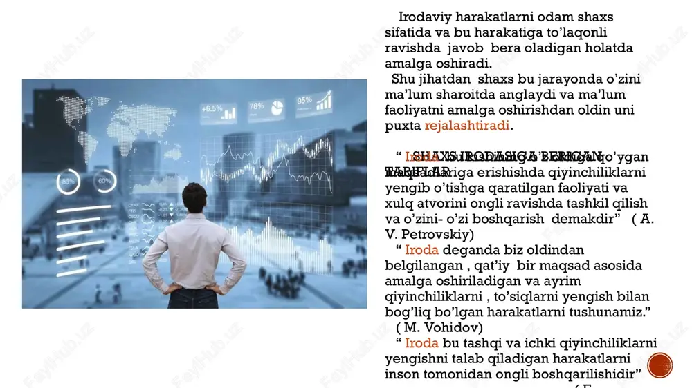 ur bo‘lgan ish uchun jismoniy , ruhiy kuch quvvatining yetishmasligi ishni bajarishdagi qiyinchiliklardan qo’rqish va.h.k bundan tashqari sabrsizlik, qo‘rqoqlik, nomardlik, chidamsizlik, o’ziga juda past baho berish va shu kabi sifatlar ham irodasizlikning bir ko‘rinishlaridir. aytib o‘tganlarimiz insondagi irodasizlikning boshlang’ich shakllari bo‘lib agar har bir kishi o‘z ustida ishlab o‘zining shuday kamchiliklarini tuzatmasa bu holatlar iroda patalogiyasi, abuliya , abuliya sindromi kabi og’ir holatga olib kelishi mumkin. irodasizlik va depressiya depressiya bu inson ongi, psixikasining tormozlanishi hisoblanadi. shaxs depressiyaga tushganda bosh miya katta yarimsharlari po‘stloq qismi hujayralari o‘z faolligini susaytiradi, natijada ong uchun javob beruvchi mexanizmlar o‘z vazifasini to’la to‘kis bajara olmaydi. irodaviy harakatlar ham shular jumlasidandir. depressiya asosan kundalik psixik hamda fiziologik zo'riqishlardan kelib chiqadi va shaxsda holsizlik, lanjlik, loqaydlik, irodasizlikni yuzaga keltiradi. statistik natijalarga ko’ra depressiya rivojlangan mamlakatlar aholisida qolgan rivojlanayotgan mamlakatlar aholisiga nisbatan 30 -40% ko’proq uchraydi. iroda patalogiyasi – abuliya abuliya – ( yun. abule – irodani …
