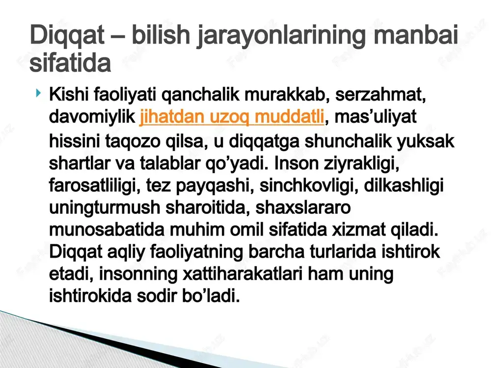 subdominanta dominanta bo’lib olishi mumkin, ilgarigi dominanta esa – subdominanta bo’lib qolishi mumkin. hukmron qo’zg’alish o’chog’i bo’lgan dominanta diqqatimizning ma’lum narsaga yo’naltirilishi va tuplanishining fiziologik asosidir. diqqat – bilish jarayonlarining manbai sifatida ixtiyorsiz diqqat deb to’satdan ta’sir qilgan biron bir sabab tufayli bizning xohishimizdan tashqari hosil bo’ladigan diqqatgsa aytiladi.odamning ko’z o’ngida paydo bo’ladigan juda yorqin rangli narsalar o’zining tashqari ko’rinisdhi jihatidan keskin farq qiluvchi predmetlar to’satdan paydo bo’ladigan qattiq tovush va shunga o’xshash sabablar ixtiyorsiz diqqatga misol bo’lishi mumkin. diqqat- bilish jarayonlarining manbai sifatida ixtiyoriy diqqat deb oldindan belgilangan qat’iy bir maqsad asosida va ongli ravishda diqqatimizni malum bir narsa va hodisalarga qaratishimizga aytiladi. odamlarning ko’pchilik faoliyati asosan ixtiyoriy diqqatning ishtiroki bilan amalga oshiriladi. shuning uchun barcha faoliyat turlarida yani o’qish o’yin va mehnat faoliyatlarida ixtiyoriy diqqatning ro’li katta. diqqat bilish jarayonlarining manbai sifatida image1.jpeg image2.jpeg image3.jpeg /docprops/thumbnail.jpeg