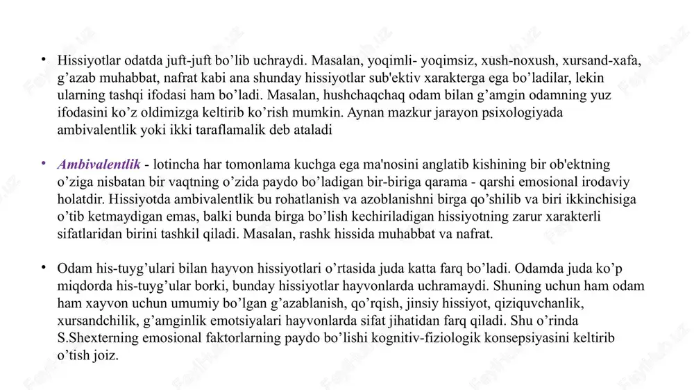 r necha minut davom etadi. affekt holatida kishining ongini tasavvur qilish, fikr qilish qobiliyati torayadi, susayib qoladi. affektlar vaqtida odamning harakatlari kutilmagan tarzda “portlash”singari birdaniga boshlanib ketadi. ba`zan affektlar tormozlanish holati tariqasida namoyon bo`ladi va bunday holatda organizm bo`shashib, harakatsiz bo`lib va shalvirab qoladi. bunday holat ko`pincha odam birdaniga qo`rqqanida, to`satdan quvonganida va shu kabi hollarda “o`zini yo`qotib qo`yish” ko`rinishida namoyon bo`ladi. har bir kishi o`zida boshlanayotgan affekt holatiga tushmaslik uchun ko`rashmog`i kerak. stress - jiddiylik holati. keskin vaziyat sababli yuzaga keladigan emotsional holatlar stress yoki jiddiylik holati deb ataladi. jiddiylik - turli jismoniy va aqliy ishlar haddan oshib ketib, havfli vaziyat tug`ilgan paytlarda, zaruriy choralarni tezlik bilan topishga to`g`ri kelganda vujudga keladigan harakatdir. stress holatining paydo bo`lishi va o`tishining psixologik xususiyatlarini bilish uchuvchilar, kosmonavtlar, elektrostantsiya operatorlari, dispetcherlar, mashinistlar, haydovchilar, sud’yalar, korxona rahbarlari, o`quvchilardan imtixon oladigan pedagoglar va boshqalar uchun ham muhimdir. depressiya — ruhiy kasallik boʻlib, u odamda hayotga …
