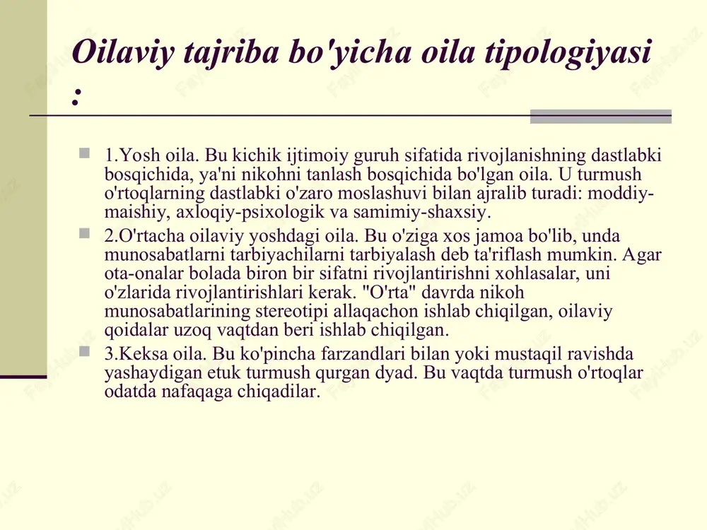 ar (oila a'zolaridan birini hibsga olish, katta mol-mulkni yo'qotish, ishdan ayrilish);kutilmagan va og'ir kasallik. surunkali qiyinchiliklar: kundalik hayotda va ishlab chiqarishda ortiqcha jismoniy va ruhiy stress;uy-joy muammosini hal qilishda qiyinchiliklar;oila a'zolari o'rtasida uzoq va barqaror ziddiyat;farzand ko'rmaslik va boshqalar. oila bardosh bera olmaydigan maksimal oilaviy stress oilaviy inqirozga olib kelishi mumkin. bu oilaning tuzilishini va oila a'zolarining o'zaro munosabatlarini (masalan, ajralish) o'zgartiradigan talablarning doimiy bosimi sharoitida oilaning barqaror holatini tiklay olmasligi). barcha oilalar hayotdagi qiyinchiliklarga turli yo'llar bilan qarshi turishadi va oilaviy stresslarga javob berishadi. ba'zilar uchun salbiy ta'sirlarning oqibati oila hayotidagi buzilishlarning ko'payishi bo'ladi: mojaroning kuchayishi, oilaviy hayotdan qoniqishning pasayishi, kasalliklar, ajralish va boshqalar, aksincha, ularning birdamligini oshiradi va inqirozni engish va oilani saqlab qolish uchun harakatlarni ko'paytiradi. oilaviy stress belgilarining uchta guruhi mavjud: 1 . jismoniy alomatlar: biokimyoviy reaktsiyalar, yurak-qon tomir belgilari, "stress" kasalliklari — oshqozon yarasi, astma, gipertoniya, bel og'rig'i. 2 . xulq-atvorning namoyon bo'lishi: insonning ishlash …