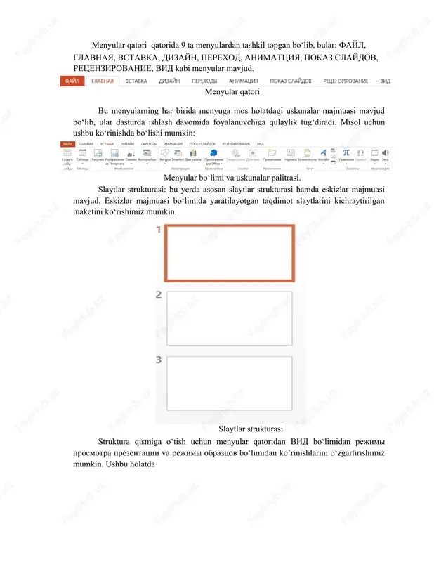 laytlar strukturasi: bu yerda asosan slaytlar strukturasi hamda eskizlar majmuasi mavjud. eskizlar majmuasi bo‘limida yaratilayotgan taqdimot slaytlarini kichraytirilgan maketini ko‘rishimiz mumkin. slaytlar strukturasi struktura qismiga o‘tish uchun menyular qatoridan vid bo‘limidan rejimi prosmotra prezentatsii va rejimi obraztsov bo‘limidan ko’rinishlarini o‘zgartirishimiz mumkin. ushbu holatda 1.7-rasm ko‘rinish tartibi vid bo‘limining rejimi prosmotra prezentatsii bo‘limidagi rejim strukturi obrazida joylashganligini ko‘rishimiz mumkin. oynaning chap tomonida ishlayotgan taqdimot strukturalarining namoyon bo‘lishini ko‘rish mumkin. oynaning o‘ng tomonida esa yaratilyotgan taqdimotning joriy slaydi joylashgan (bundan tashqari ushbu sohada menyularning funksiyalariga ko‘ra qo’shimcha qismlari ham bo‘lishi mumkin) va oynaning chetki qismlarida surgichlar joylashgan. endi oyaning songi qismiga to‘xtaladigan bo‘lsak, ushbu qism ham foydalanuvchiga bir necha qulayliklar yaratadi. jumladan: ushbu soha foydalanuvchining nechta list slayt yaratganligi va qaysi slaydda turganligini bildiradi(bu yerda 3 list slayd va joriy slayd 1), ushbu bo‘limda yartilgan slaydlar to‘plami ya‘ni taqdimot ko’rinishi borasida bir necha uslublarni tashkil etib beradi. ushbu soha ekran mashtabini sozlashda …
