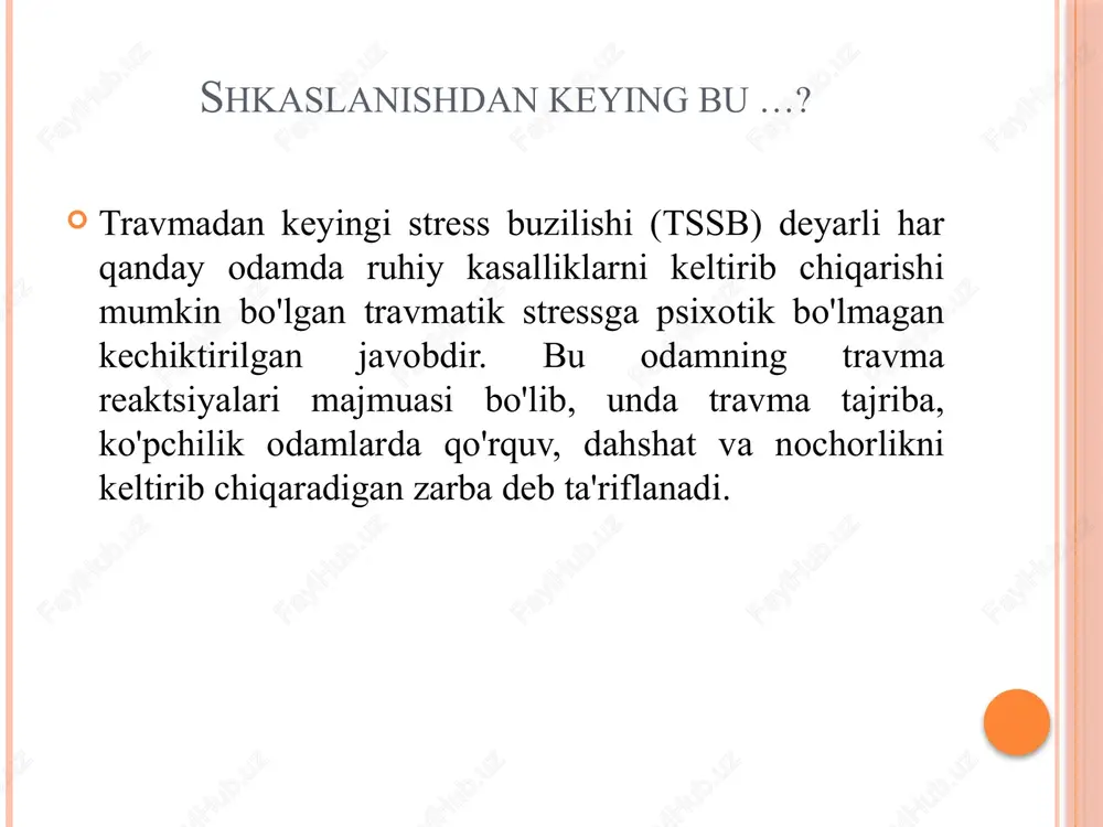 dan keyin bir oy ichida rivojlanadigan o'tkir stress buzilishi bilan aralashtirmaslik kerak); surunkali-davomiyligi uch oydan ortiq; kechiktirilgan-shikastlanishdan olti oy yoki undan ko'proq vaqt o'tgach paydo bo'ladi; tssbning klinik belgilari (dsm-iv diagnostikasi) a. o'lim yoki jiddiy zarar yoki jismoniy yaxlitlik tahdidini o'z ichiga olgan travmatik hodisaga guvoh bo'lgan shaxsga boshdan kechirgan ta'siridan keyin. jabrlanuvchining reaktsiyasi kuchli qo'rquv, nochorlik yoki dahshatni o'z ichiga olishi mumkin b. travmatik voqea tajribalar, orzular, xotiralarda doimiy ravishda takrorlanadi; c. travma bilan bog'liq stimullardan doimiy ravishda qochish, hissiy reaktsiyalarni blokirovka qilish, uyqusizlik; d. qo'zg'alishning doimiy alomatlari (shikastlanishdan oldin kuzatilmagan): uyquning buzilishi, asabiylashish, g'azablanish, hushyorlikning kuchayishi, tahdidni kutish;e. buzilishning davomiyligi (yuqoridagi alomatlar mezonlarining belgilari) 1 oydan ortiq;f. buzilish ijtimoiy, kasbiy yoki hayotning boshqa muhim sohalarida klinik ahamiyatga ega bo'lgan og'ir hissiy holatni yoki buzilishlarni keltirib chiqaradi. a. bemor stressli hodisa yoki vaziyatga (qisqa va uzoq muddatli) juda tahdidli yoki halokatli xarakterga ega bo'lishi kerak, bu deyarli har qanday …