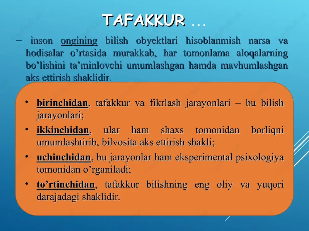 qilishga mo’ljallangan bo’lib, u yuzlab tibbiyot xodimlarining faoliyatiday samara bilan ishlab kelmoqda sun’iy intellekt yoki tafakkur tafakkur qilish tishunchalar xulosalar hukmlar tafakkur qilish jarayonining mahsullari tafakkur - ijtimoiy sababiy, nutq bilan chambarchas bog`liq, muhim bir yangilik qidirish va ochishdan iborat psixik jarayon. analiz- ob`ektning muayan bir tomonlarini, elementlarini, xossalarini, munosabatlarini va boshqa shuning kabilarni ajratib olib, o`rganilayotgan ob`ektni fikran bo`laklarga, qismlarga, elementlarga bo`lish demakdir. sintez- bir butun narsani analiz qilish natijasida ajratilgan komponentlarni birlashtirish taqqoslash- narsa va hodisalarni bir-biri bilan solishtirib ko`rish va ular orasidagi o`xshashliklar, tafovutlarni topish aql-inson miyasining dunyoni aks ettirish va shaxsning voqelikka boʻlgan munosabatlarini boshqarib turadigan faoliyati. idrok-ongning, miyaning ijodiy jarayonidir. sezgi-narsa va hodisalardagi ayrim xossalarning miyadagi inʼikosi. hukm-muhokama (mantiqda) — predmetga maʼlum bir belgi (xossa, munosabat) xosligi yoki xos emasli-gini ifodalovchi tafakkur shakli. induksiya- ju`ziy hodisalardan umumiy qoidalarga qarata xulosa chiqarish. deduksiya-- umumiy qoidalardan ju`ziy hodisaga, faktga, misolga qarata xulosa chiqarish. abstraksiya- bilishda ob’ektiv reallikdagi …