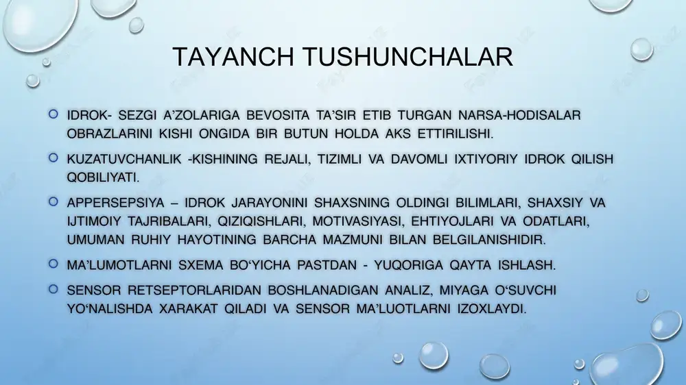 qonuniyatlarini psixologiyaning qaysi tarmog’i o’rganadi? a) savdo psixologiyasi; ●b) yosh davrlar psixologiyasi; c) muxandislik psixologiyasi; d) pedagogik psixologiya; 3.ong bilan faoliyat bir-biriga qarama-qarshi emas, lekin ular bir-biriga aynan o’xshash ham emas, ammo birlikni tashkil etishni bildiradi. bu psixologiya fanning qaysi printsipini ifodalaydi? a) determenizm printsipi; b) ong va faoliyat birligi; c) psixika va ongning faoliyatda rivojlanishi; ●d) psixikani tadqiq etish insonning ongli faoliyatini o’rganishdir; 4.…… yuksak darajada tashkil topgan materiya, ya’ni miyaning xossasi bo’lib, bu xossa ob’ektiv borliqni, sub’ektiv aks ettirishdan iborat. nuqtalar o’rniga kerakli so’zni qo’ying? a) ong; b) faoliyat; c) psixika; ● d) xulq-atvor; 5.kuzatish metodining turlari qaysi bandda to’g’ri sanab o’tilgan? ●a) obyektiv kuzatish va subyektiv kuzatish; c) ilmiy kuzatish, oddiy kuzatish b) oddiy kuzatish, murakkab kuzatish; d) og’zaki kuzatish, yozma kuzatish; 6.ijtimoiy va shaxslararo munosabatlarning maxsuli, ongli faoliyatning subyekti bo’lgan individ - bu… ●a) shaxs; b) individ; c) individuallik; d) yo’nalganlik; 7. eksperiment metodining turlari qaysi …