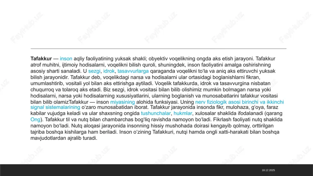 olib kelganidagina, odam o'zining fikrlash faoliyatida ilmiy asoslarga, progressiv tashabbuslarning hammasiga tayangandagina bunday mustaqillik qimmatga ega bo'ladi. 27.04.2023 til va tafakkur o'rtasidagi bog'liqlik haqida turli xil nazariyalar mavjud. zamonaviy falsafaning mashhur versiyalaridan biri fikrlash tili gipotezasi deb ataladi.[30][32][37][38][39] unda ta'kidlanishicha, fikrlash aqliy til vositasida sodir bo'ladi. koʻpincha mental tillar deb ataladigan bu til turli jihatlari bilan muntazam tillarga oʻxshaydi: u bir-biri bilan sintaktik bogʻlangan soʻzlardan tuzilgan.[30][32][37][38] bu da'vo faqat til va fikr o'rtasidagi intuitiv o'xshashlikka asoslanmaydi. buning o'rniga, u vakillik tizimi lingvistik tuzilishga ega bo'lishi uchun o'zida mujassamlashtirgan xususiyatlarning aniq ta'rifini beradi.[37][32][38] sintaksis darajasida vakillik tizimi ikki xil ko'rinishga ega bo'lishi kerak: atom va birikma. atom tasvirlari asosiy, birikma tasvirlar esa boshqa birikma tasvirlar yoki atom tasvirlari orqali tuzilgan.[37][32][38] semantika darajasida qo'shma vakillarning semantik mazmuni yoki ma'nosi uning tarkibiy qismlarining semantik tarkibiga bog'liq bo'lishi kerak. vakillik tizimi bu ikki talabga javob bersa, lingvistik jihatdan tuzilgan hisoblanadi.[37][32][38] 27.04.2023 fikrlash tili gipotezasi …