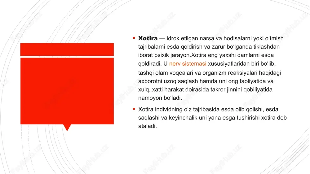 igan, sub’ektiv hayot tarixini shakllantirishni va oʻzini vaqt davomida kengaytirilgan hayot yoʻlining noyob sub’ekti sifatida his qilishni taʼminlaydigan eng yuqori mnemonik funksiya sifatida aniqlash mumkin (v. da. nurkova).[1] xotiraning bu turini deklarativ xotiraning semantik yoki epizodik tizimidan biriga aniq bogʻlash mumkin emas (e. tulving) chunki avtobiografik xotira ushbu ikkala tizimning xususiyatlariga ega — u insonning oʻzi haqidagi bilimini ham, bu odam bilan sodir boʻlgan voqealar haqidagi xotiralarni ham oʻz ichiga oladi. koʻpincha, baʼzi voqealarni eslab, odamlar yana ushbu voqealar bilan bogʻliq vizual tasvirlarni koʻrishadi. ushbu tasvirlarning muhim xususiyati ularda shaxsning oʻzi egallagan rolidir[10]. ikkita asosiy rol mavjud: ishtirokchi — inson bu voqeani eslaganda oʻzini koʻrish maydonida koʻrmaydi.[11] u vaziyatni oʻz koʻzi bilan qanday koʻrgan boʻlsa, xuddi shunday koʻradi, yaʼni xotiradagi shaxsning koʻrish maydoni asl vaziyatdagi koʻrish maydoniga mos keladi. ixtiyorsiz va ixtiyoriy xotira xotira rivojlanishining ketma-ket ikki bosqichidir. beixtiyor xotira ixtiyorsiz xotira - bu hech qanday kuch sarflamasdan, avtomatik ravishda …