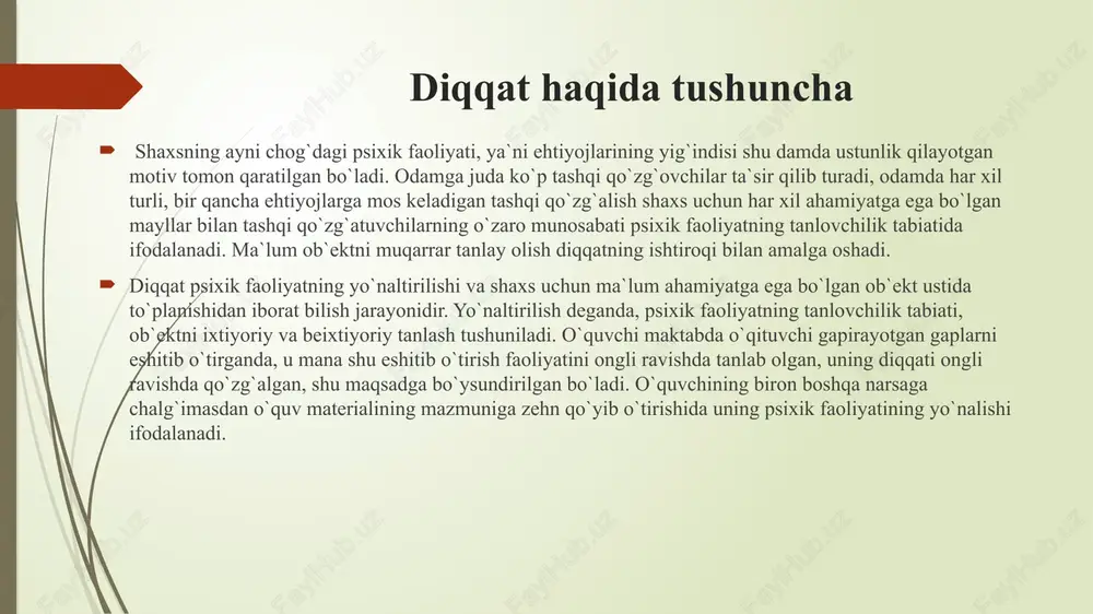 ni uchun optimal, ya`ni nihoyatda qulaylik bilan harakatlanuvchi biror bir kuchli qo`zg`alish manbai mavjud bo`ladi. “agar bosh suyagiga qarash imkoni bo`lganda, degan edi i.p.pavlov, uning ichidagi miya ko`rinadigan bo`lsa, agar miya yarim sharlarida optimal kuchli qo`zg`alish uchun eng yaxshi sharoit tug`ilgan nuqtasi miltillab ko`rinadigan bo`lsa, yangi sog`lom bir narsani o`ylab turgan odamning miyasiga qaraganimizda uni miyasini katta yarim sharlarida juda g`alati jimjimador shaklli, surati va hajmi har damda bir o`zgarib, turlanib, jimir - jimir qilib turgan yorug` narsani u yoqdan bu yoqqa yugurib qimirlab turganini va miya yarim sharining bu yorug` narsa atrofidagi boshqa erlarni bir muncha xira tortib turganini ko`rardik”. a.a.uxtomskiy tomonidan ilgari surilgan dominantlik tamoyili ham diqqatning fiziologik asoslarini aniqlash uchun katta ahamiyatga ega. dominantlik tamoyiliga muvofiq miyada qo`zg`alishning har doim ustun turadigan hukmron o`chog`i mavjud bo`ladi, bu hukmron qo`zg`alish o`chog`i aynan shu damda miyaga ta`sir qilib, unda yuzaga kelayotgan hamma qo`zg`alishlarni qandaydir ravishda o`ziga tortib oladi va …