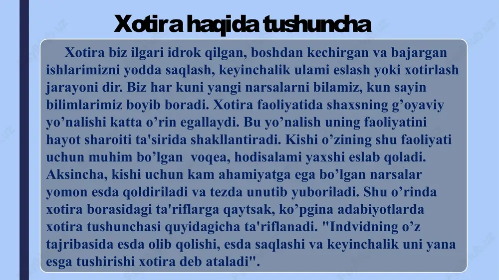 turlicha klassifikasiya qilinadi. jumladan, a.v. petrovskiy tahriri ostida chiqqan "umumiy psixologiya" darsligida quyidagi klassifikasiya uchraydi: > faoliyatda ko'proq sezilib turadigan psixik faollikning xususiyatiga qarab: harakat, emosional, obrazli va so’z mantiq xotira. > faoliyatning maqsadlariga ko’ra: ixtiyorsiz va ixtiyoriy xotira. > materialni qancha vaqt esda olib qolish va esda saqlash muddatiga ko’ra: qisqa muddatli, uzoq muddatli va operativ xotira. harakat xotirasi harakat xotirasi - inson faoliyatining har bir turida ruhiy faollikning u yoki bu ko’rinishlarini ustunlik qilishida kuzatiladi. masalan, harakat, hissiyot, idrok, aqlzakovat kabi ruhiy faoliyatning ko’rinishlari mavjuddir. ana shu ruhiy faollik turlarining har biri tegishli harakatiarda va ulaming mahsulotlarida o’z ifodasini topib harakatlarda,hissiy kechinmalarda, tuyg'ularda, obrazlarda, timsollarda, fikr va mulohazalarda aks etadi. turli harakatlar va ularning bajarilishi tartibi, teziigi, sur'ati, izchilligi va boshqalami esda qoldirish, mustahamlash, esga tushirishdan iborat xotira turi harakat xotirasi deb ataladi. mazkur xotira turining g’oyat ahamiyati shundan iboratki, u yurish, yozish, ifodali harakat malakalari bilan bir …