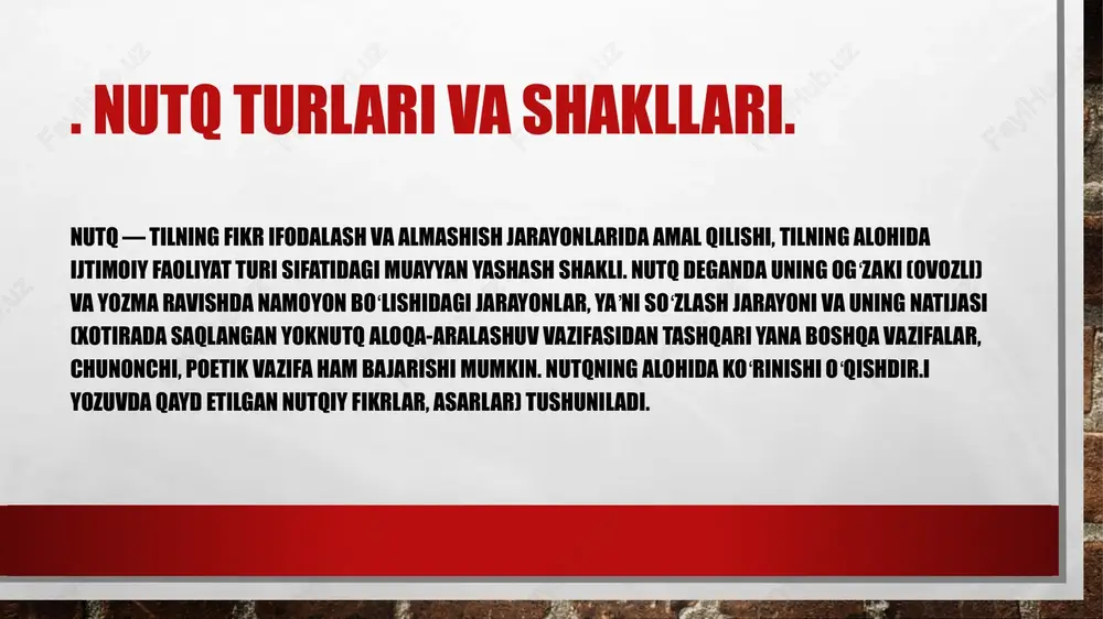 ravishda tayyorlash kerak, choralar ko’rish kerak va hokazo). til insoniyat jamiyatida tabiiy ravishda vujudga keladigan va rivojlanayotgan tizim bo’lib, shaxs tushunchalari va fikrlarining umumiyligini ifoda etishga qodir va birinchi navbatda aloqa uchun mo’ljallangan. til – bu rivojlanish sharti va insoniyat madaniyatining mahsulidir. gap – aniq nutq, vaqt o’tishi bilan va ovozli yoki yozma kiyimda. nutq deganda ham nutq jarayoni, ham bu jarayonning natijasi tushuniladi, ya’ni nutq faoliyati ham, nutq faoliyati ham xotira yoki yozuv orqali o’rnatiladi nutqning umumiy xususiyati odatda uning tilga qarama-qarshiligi orqali beriladi. til va nutq birgalikda tilning yagona hodisasini hosil qiladi. nutq - bu faqat nutqda topiladigan va faqat uning kommunikativ maqsadini amalga oshiradigan tilni mujassamlash, amalga oshirish. agar til vosita (aloqa vositasi) bo'lsa, unda nutq bu vosita tomonidan ishlab chiqarilgan aloqa shaklidir. nutq materialdir, u hislar tomonidan qabul qilinadi, lekin til (belgilar tizimi) nutq birliklarining mavhum analogiyalarini o'z ichiga oladi. nutq bu so'zlar ketma-ketligi, u chiziqli, …