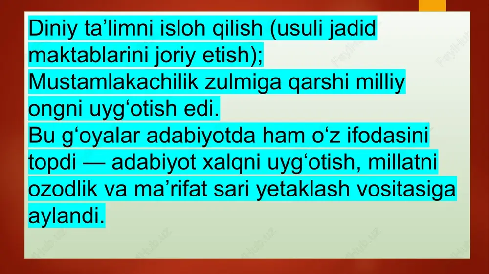 singdiradi. jadid adabiyoti — bu bizning o‘zligimizni eslatadigan, ma’naviy uyg‘onishimizga yo‘l ko‘rsatadigan bebaho merosdir. e’tiboringiz uchun rahmat! image6.jpeg image7.jpeg image2.png image3.png image4.png image5.png /docprops/thumbnail.jpeg