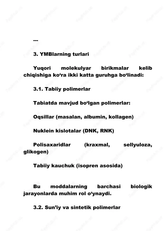 nonyuton suyuqliklarga kiradi. ularning oqish tezligi bosim yoki kuch ta’siriga qarab o‘zgaradi. bu suyuqliklar cho‘zilganda qotib, tinch holatda oqib ketadi. asosiy fizik xossalari: 1. viskozlik (η) – oqish qarshiligi. 2. osmozi – erituvchi molekulalarining yarim o‘tkazuvchi membrana orqali o‘tishi. 3. diffuziya – molekulalarning sekin harakati. --- 10. viskozlik qonuniyati eritmaning viskozligi eritmadagi polimer kontsentratsiyasiga bog‘liq. empirik bog‘lanish quyidagicha ifodalanadi: η = η0 (1 + [η]c) bu yerda: η — eritma viskozligi, η0 — eritgich viskozligi, [η] — nisbiy viskozlik koeffitsienti, c — kontsentratsiya. viskozlik ortishi bilan eritma yanada quyuqlashadi. --- 11. ymb eritmalarining amaliy qo‘llanilishi yuqori molekulyar birikmalar eritmalari ko‘plab sanoat va ilmiy sohalarda ishlatiladi: sun’iy tolalar (iplar) olishda. plastik, elim, bo‘yoq tayyorlashda. tibbiyotda – dori qoplamalari va kapsulalar uchun. biotexnologiyada – dnk va oqsil eritmalarini o‘rganishda. --- 12. tabiiy ymb eritmalari misollari oqsil eritmalari – biologik suyuqliklarda (qon, plazma, hujayra sitoplazmasi). kraxmal eritmasi – suvda qizdirilganda yopishqoq massa hosil …